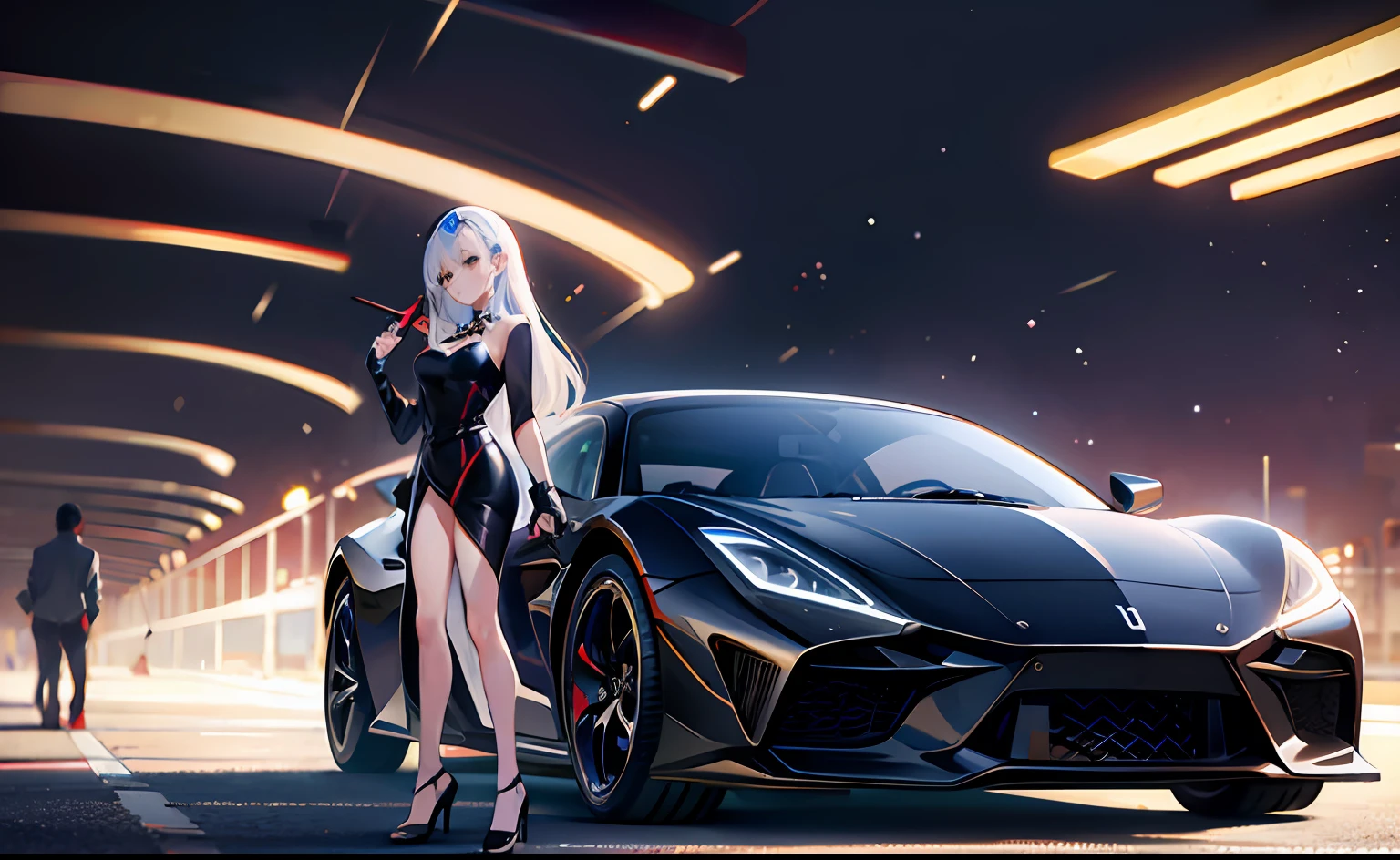 tarde, 1 girl standing by car, carros, traje espacial, carro preto, spoiler limpo, muito detalhado, luzes brilhantes, carro legal, Futuristic car, coelhinho foguete, Japan, JDM, carro sob brilho, pista de corrida, (quadro central), contrata,