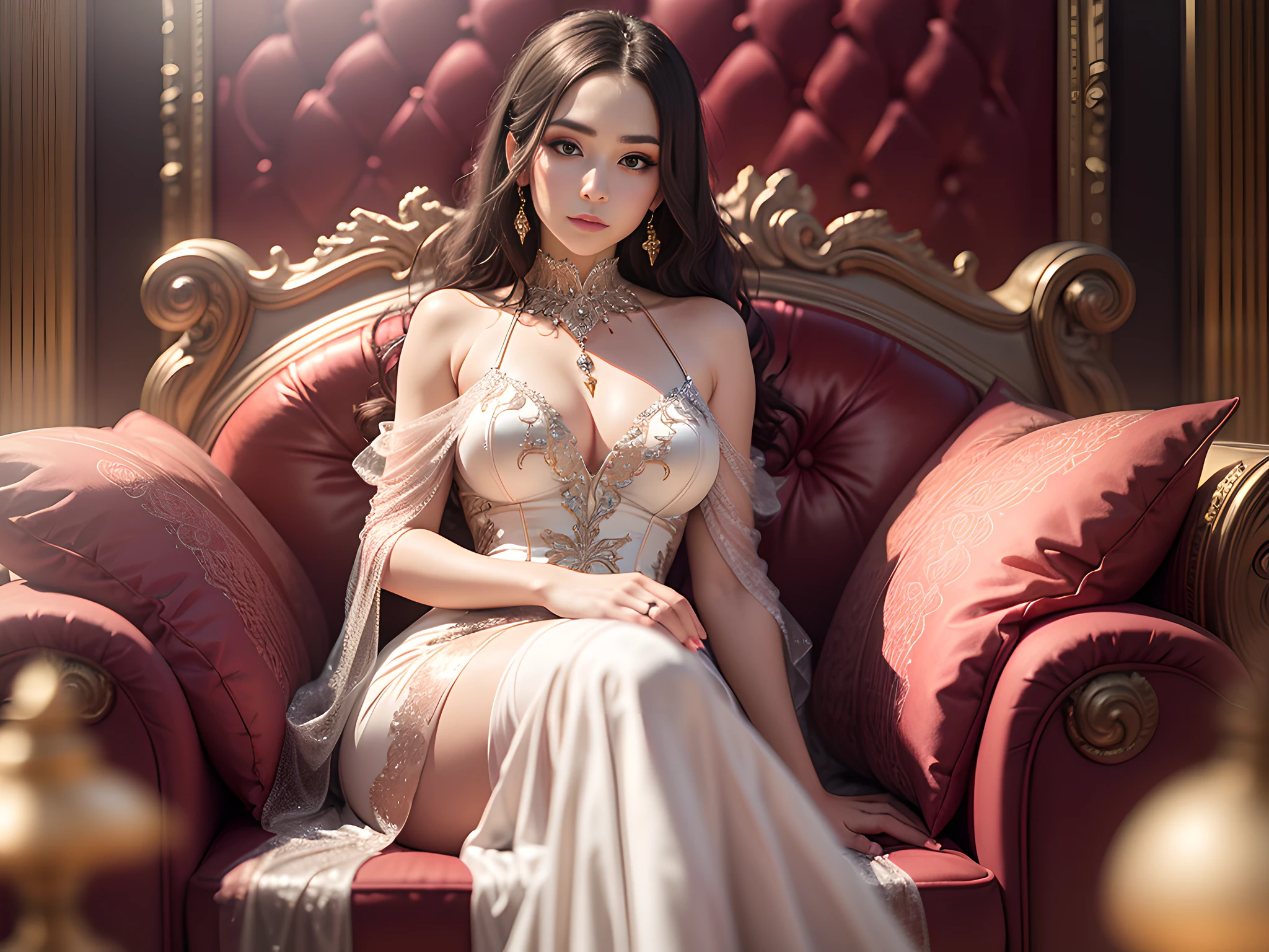 Portrait of Sarah, dressed in a glamorous evening dress, Sitting in a luxurious mansion, Photography with studio lighting, Professional DSLR Camera, Portrait lens, Shallow depth of field.