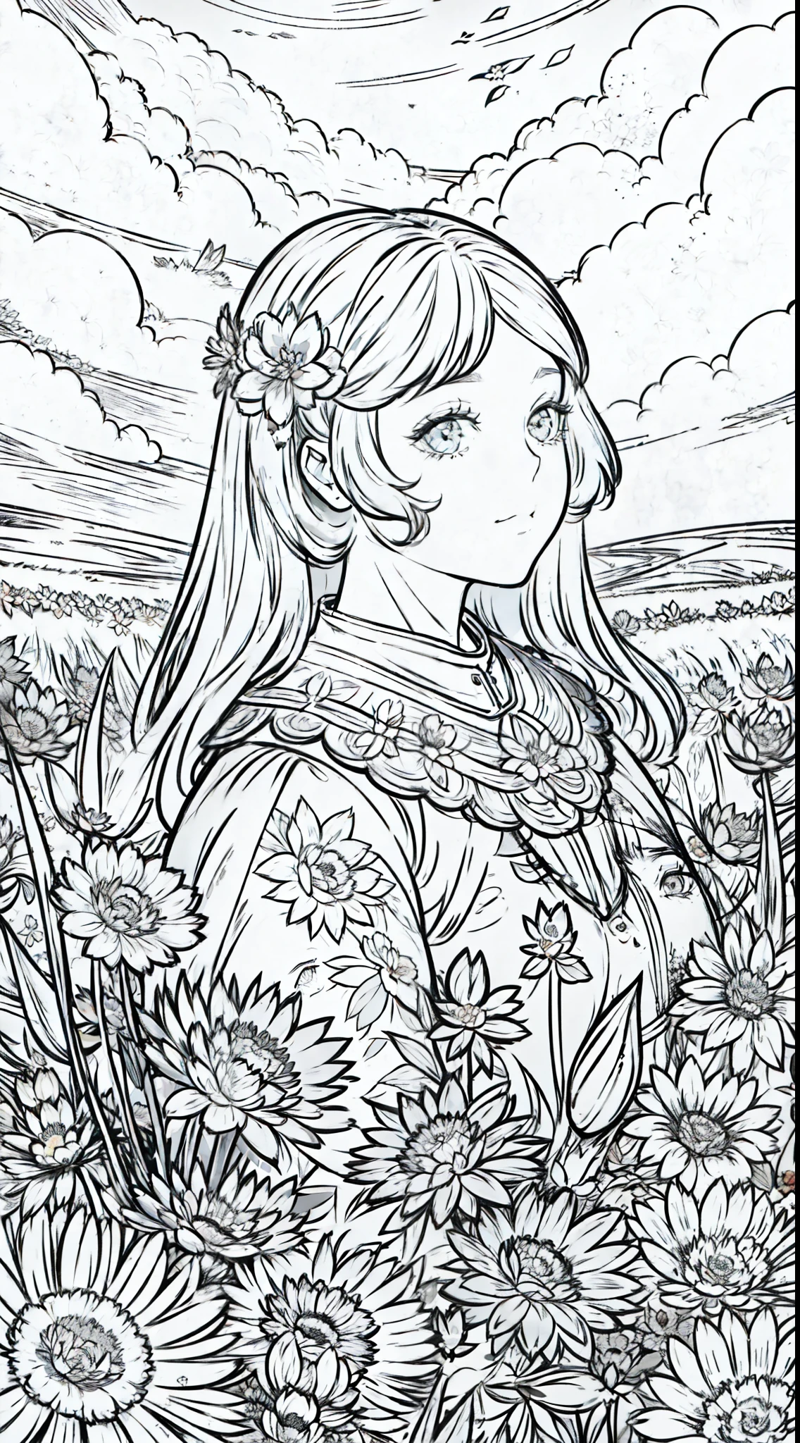woman looking at camera, (field of flowers), ((closeup)), portrait, clouds, line art