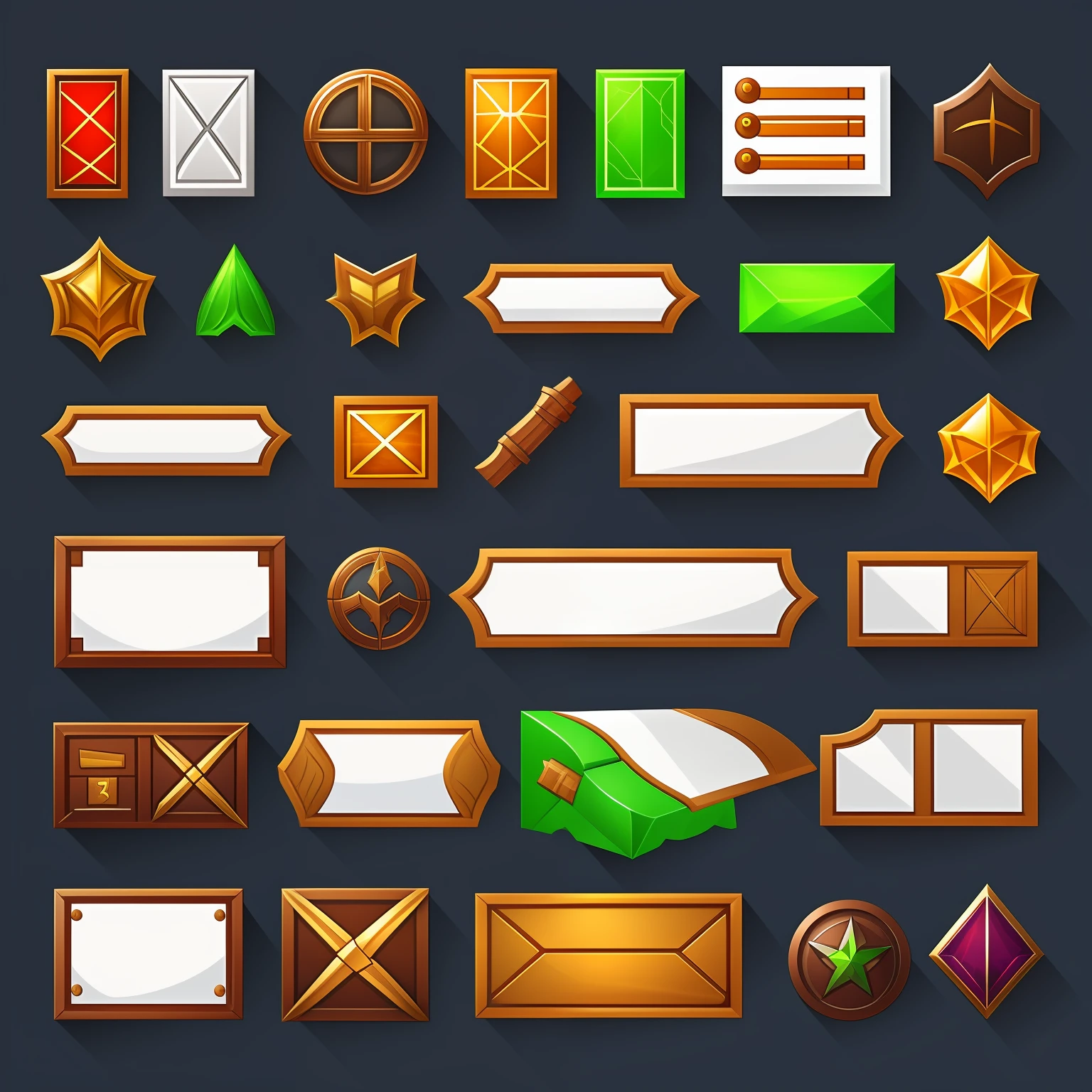 Frontal view of a set of elements of the game interface of a fantasy game on a white background. Colorful image. Clear lines, No blur. Simple interface, Buttons, window, slider, checkbox