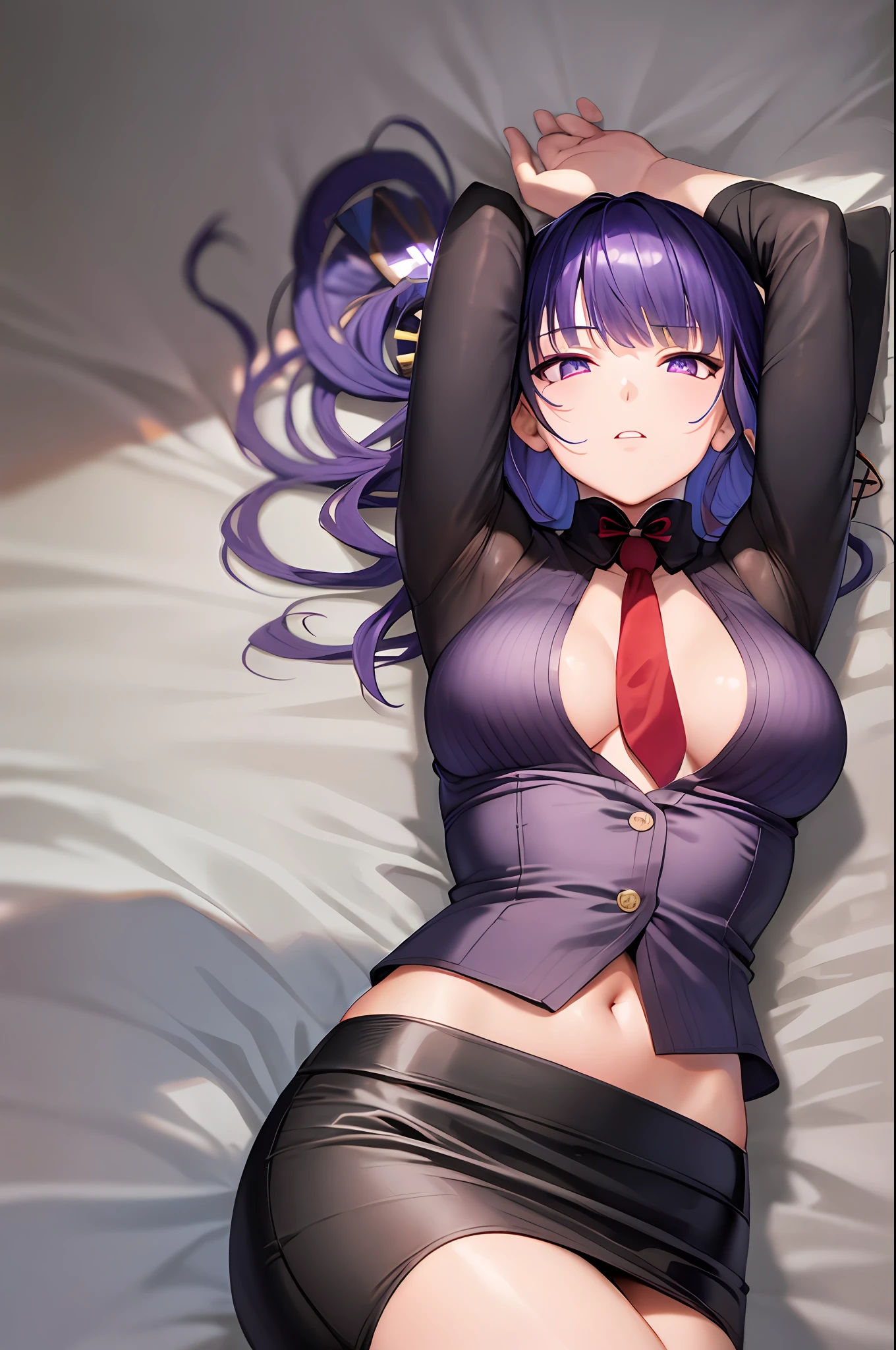 1raiden shogun, black shirt,purple hair,red necktie, lying,on back,bed,arms up,military uniform,small breasts, pencil skirt,masterpiece, highres, best quality