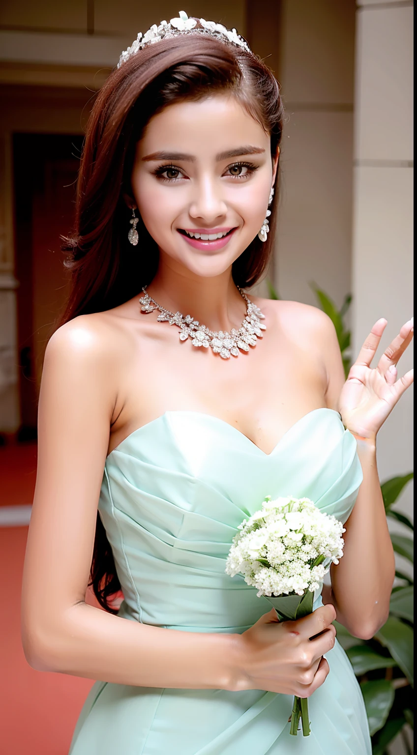 Fashion model 18 years old [[[[closeup cleavage]]]], [[[[boobgasm]]]], [[[[coll]]]], [[[[bshoulders]]]], perfect  eyes, Perfect iris，Perfect lips，perfect teeth，Perfect skin，Soft front light，hdr，Movie girl，Green evening dress，long whitr hair，Long hair with a shawl，Long hair like a waterfall，The background is indoors，Flowers in the background（pastel colour：1.2）