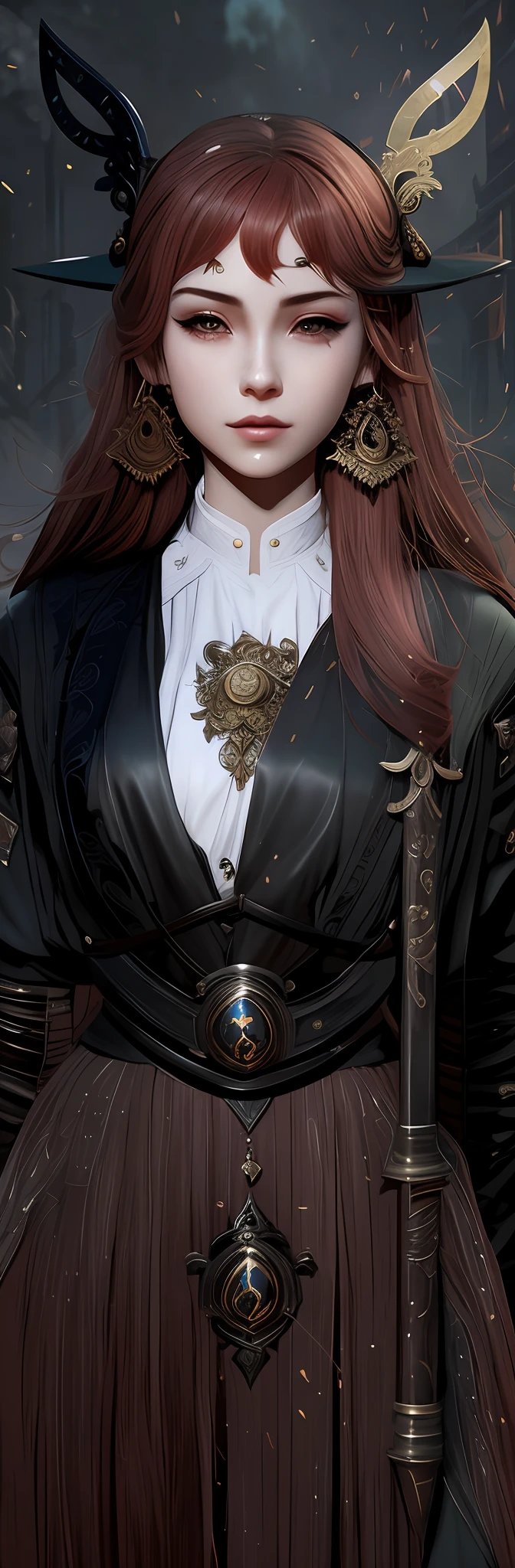 There was a woman with a sword and a hat, Charlie Bowater style, immaculate detail, character art closeup, holding a sword on her shoulder, ornate korean polearm behind her, female redhead templar, highly detailed exquisite fanart, NeoArtcore和Charlie Bowater（charlie bowater）, Incredibly clear details, very detailed and rich clothing, closeup detailed