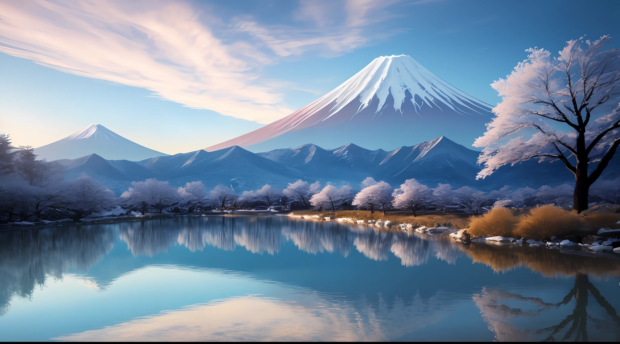 Masterpiece, Best quality, High quality, Extremely detailed Cg Unity 8K wallpaper,Mt fuji,Snow,winter,Outdoors, sky, day, landscape, water, tree, Blue sky, waterfallr, Nature, Lake, River, Cloudy sky,award winning photography, Bokeh, Depth of field, hdr, full bloom, color difference ,Photorealistic,Extremely detailed, trending on artstationh, trending on CGSociety, Intricate, High detail, Dramatic, art by midjourney