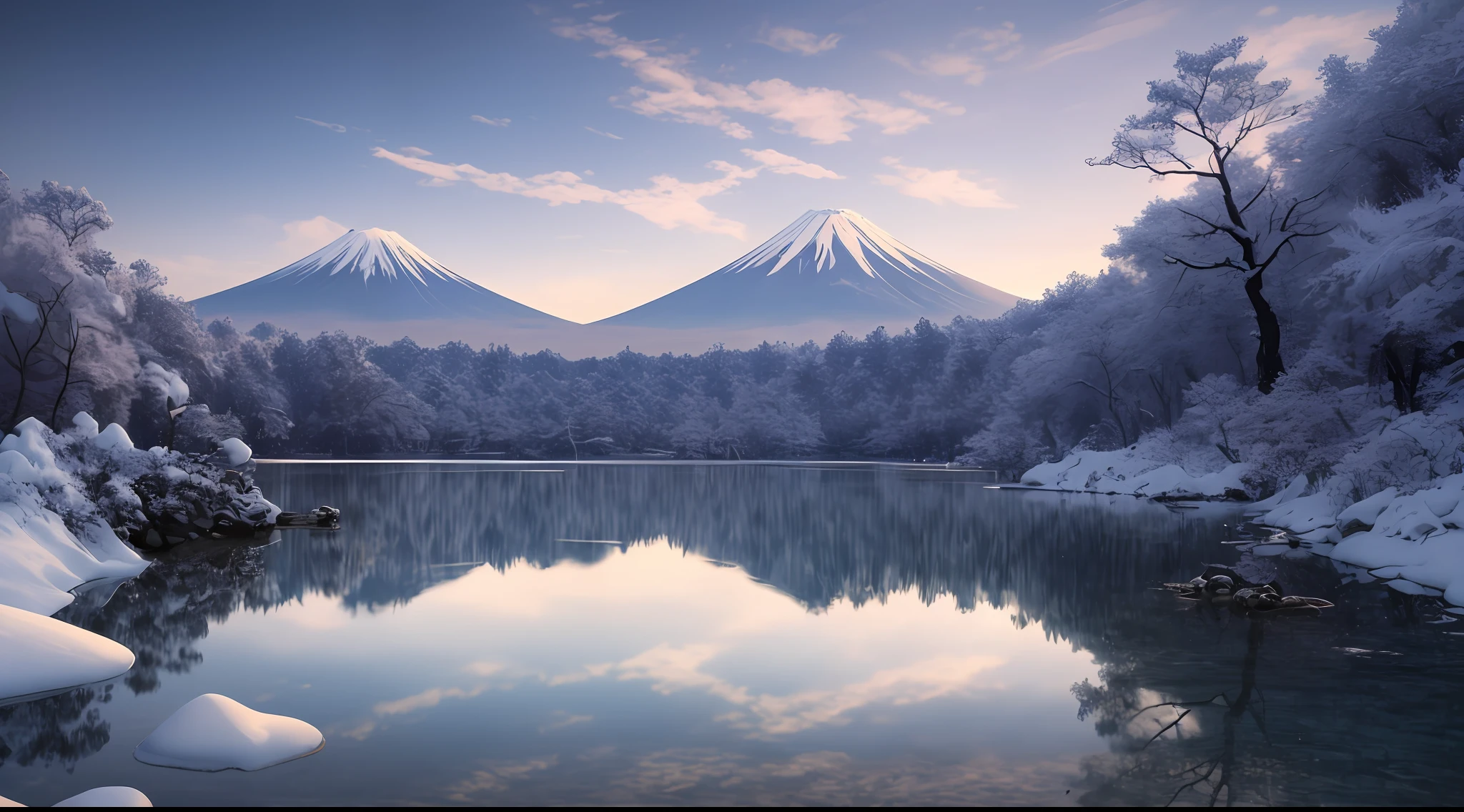 Masterpiece, Best quality, High quality, Extremely detailed Cg Unity 8K wallpaper,Mt fuji,Snow,winter,Outdoors, sky, day, landscape, water, tree, Blue sky, waterfallr, Nature, Lake, River, Cloudy sky,award winning photography, Bokeh, Depth of field, hdr, full bloom, color difference ,Photorealistic,Extremely detailed, trending on artstationh, trending on CGSociety, Intricate, High detail, Dramatic, art by midjourney