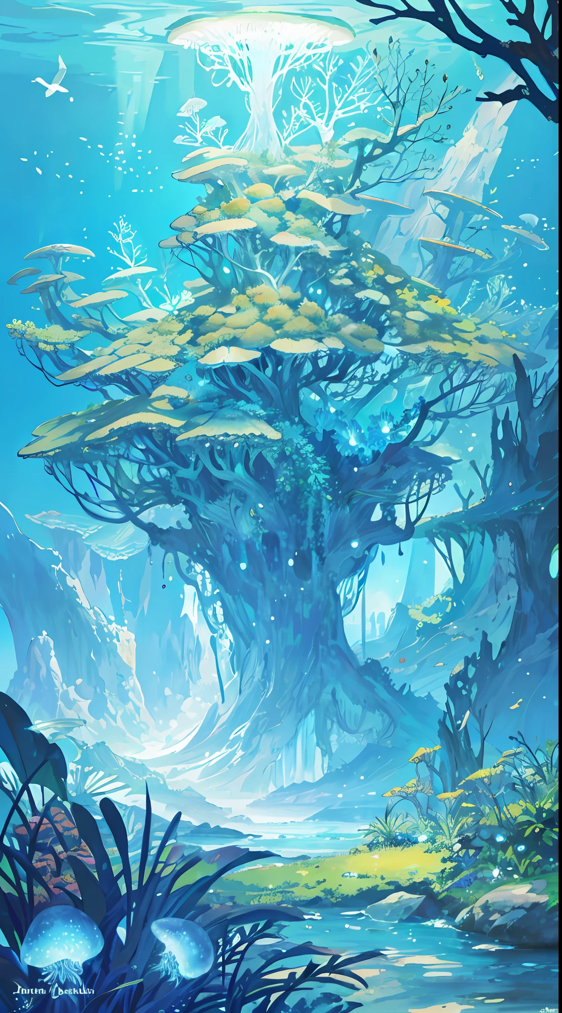 Masterpiece, High Quality, Ocean Forest, City, Fantastic Fantasy, Glowing Plants, Coral Viaduct, (Swarm of Glowing Jellyfish), (Shoal of Fish with Transparent Wings Flying in the Sky), Misty, Extreme Detail, Morning Light, Epic Composition, (Intricate Detail), (Intricate Design, Ultra Detail: 1.2), Art Station, (Masterpiece, Best Quality), Ultra HD, 32k --v 6