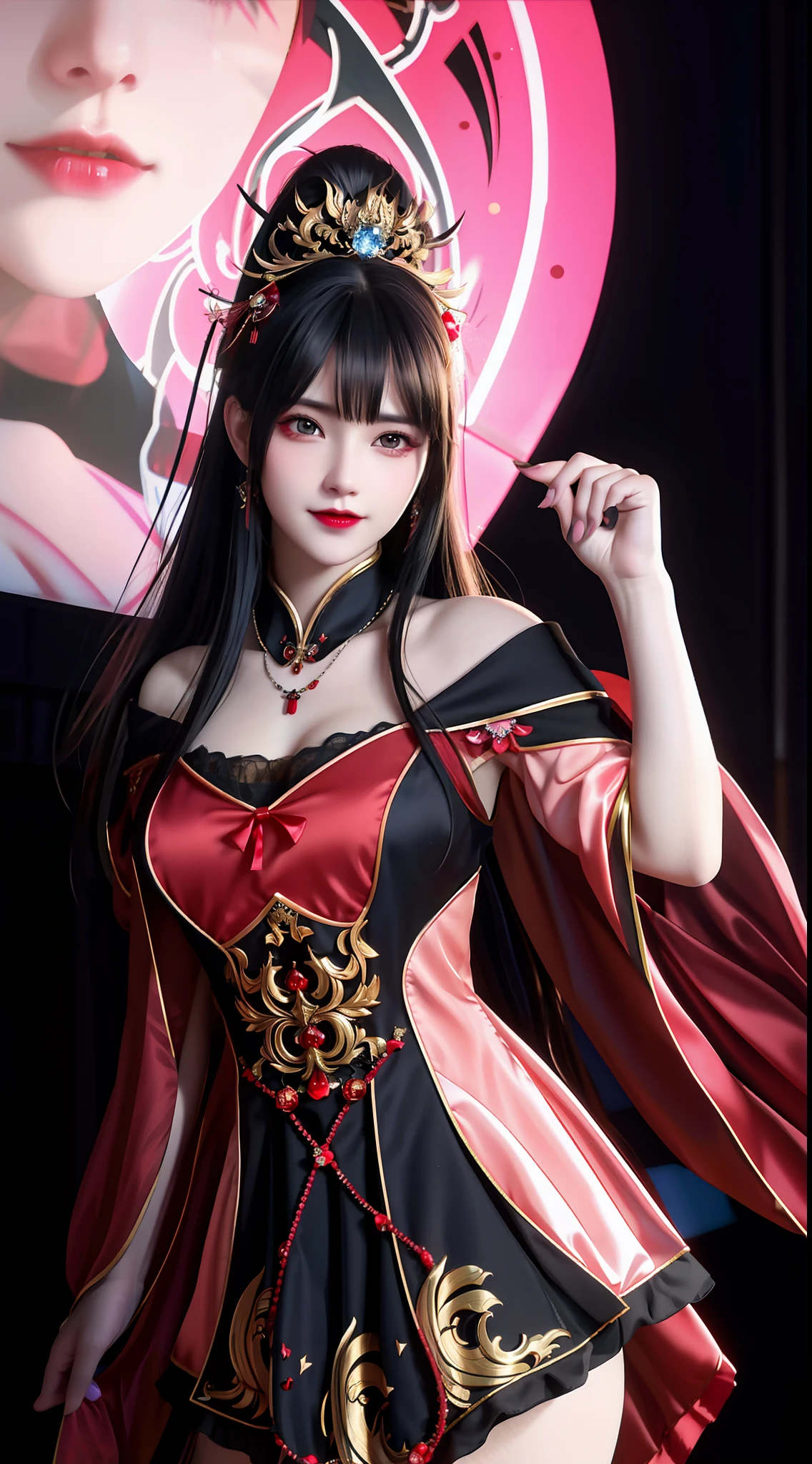 best quality, masterpiece, highres, 1girl, lingerie china armor, hair ornament, necklace, jewelry, Beautiful face, upon_body, tyndall effect, photorealistic, dark studio, rim lighting, two tone lighting, (high detailed skin:1.2), 8k uhd, dslr, soft lighting, high quality, volumetric lighting, candid, Photograph, high resolution, 4k, 8k, Bokeh, medium breasts, (light pink lips), 1 beautiful devil woman from hell, In the Dark: 1.6), surreal female portrait by David Hockney and Alphonse Mucha, fantasy art, korea doll, photorealism, dynamic lighting, artstation, poster, volumetric lighting, very detailed faces, 8k ultra, Awarded, in the dark, deep shadow, low key, cowboy lens, (Red phoenix dress: 1.4), long hair, black hair, bust, luxurious palace, Royal style, devil crown, red eyes make up very sharp and detailed, The most beautiful face, The breasts are very big and round and round, Super realistic, chinese women's clothing, polo neck sweater, Charming smile, The eyes are very well made up, guweiz, devil style, wearing black mesh socks, Ponytail with a bow tied at the back of the hair, Red black lips, Devil tattoo on shoulder, wearing a thin red and black robe, the landscape is overcast and thunderous, (Portrait), Close-up of the main character, (Background details 1.8),