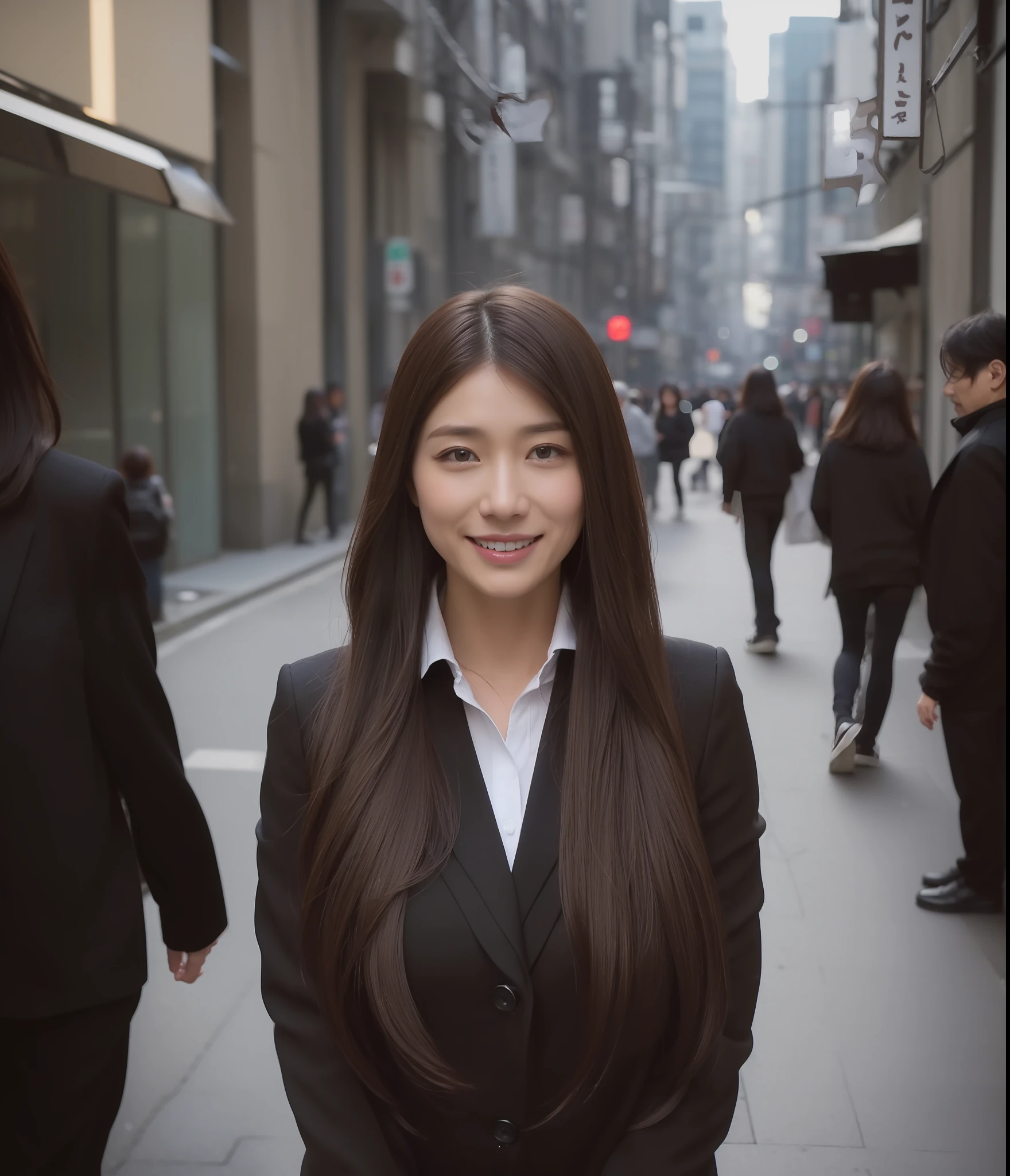 ((top-quality、8K、masterpiece:1.3))、foco nítido:1.2、Perfect Body Beauty:1.4、Slim abs:1.2、((Dark brown long hair、Colossal tits:1.3))、(natural soft light、street corner:1.2)、Highly detailed facial and skin texture、A detailed eye、(二重まぶた)、(((dynamic ungle))),Streets of Tokyo、Silver thin necklace、drooing eyes、Smiling