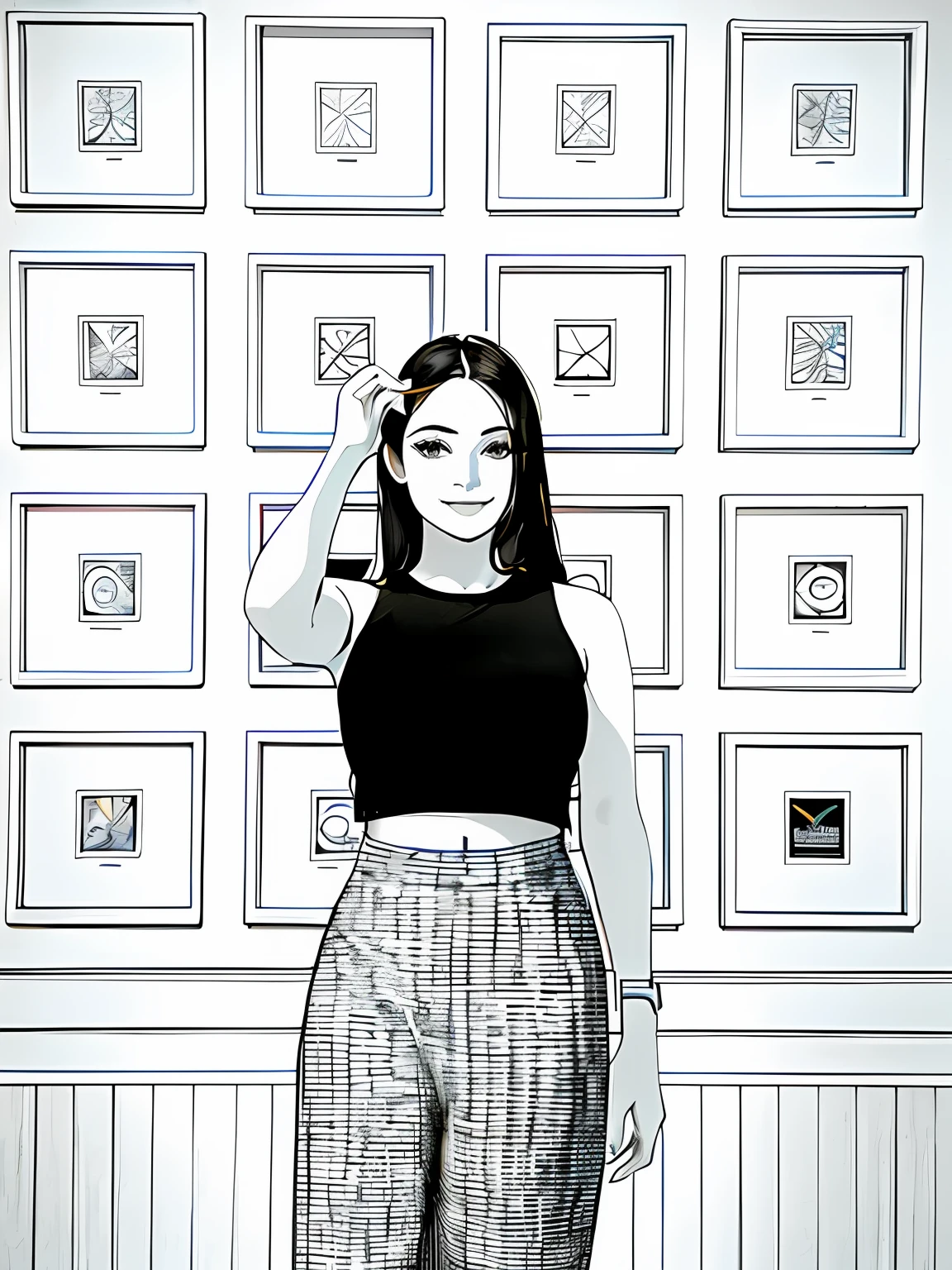 "Adorable girl, stylish crop top, poised in an art gallery, captivating gaze, charming smile, intricate line work, black and white aesthetic." Line art, monochrome