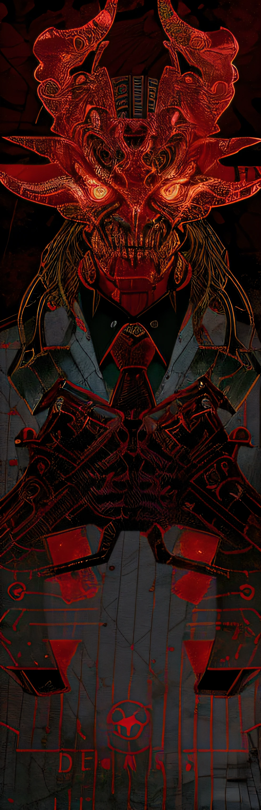Draw a demon,There are pistols and bow ties, red demon cyberpunk symbols, Wallpaper phone, Red Biomechanics, Set ninja background, red biomechanical details, gungrave, Magic machine, dark cyberpunk illustration, Detailed cover artwork, symetry!! portrait of cyborg, phone background, Cover art, Just the art of dark metal music, Official artwork