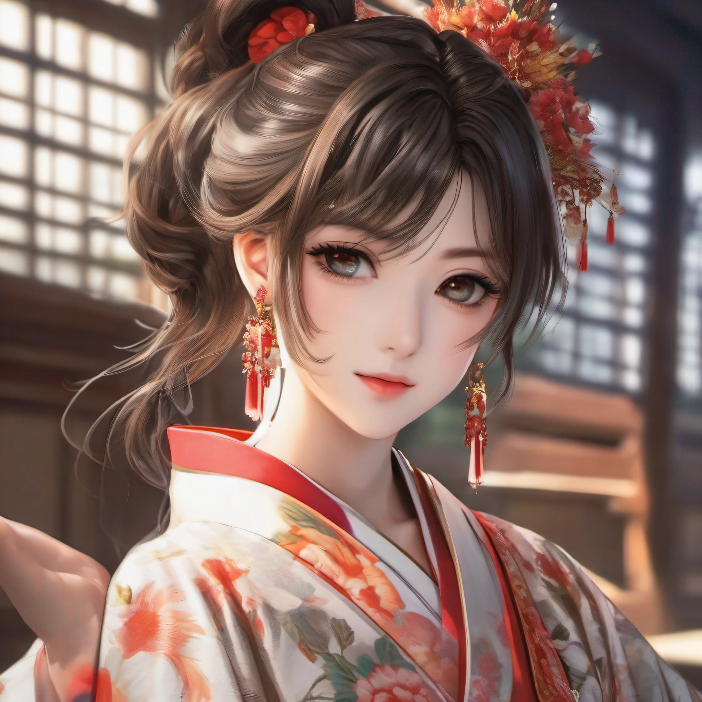 18 years old, cute, Japanese Idol, The most beautiful, Anatomically correct, (((Fingers are hidden in the kimono)))、Three Kingdoms Style, very extremely beautiful, Great Qiao of the Three Kingdoms, Xiao Chao of the Three Kingdoms, Camera gaze, Close-up of upper body Japan anime, Cute kimono, oblique of the body,, inside a mansion, Anime style, interior architecture, masutepiece, Skin Texture, Super Detail, high detailing