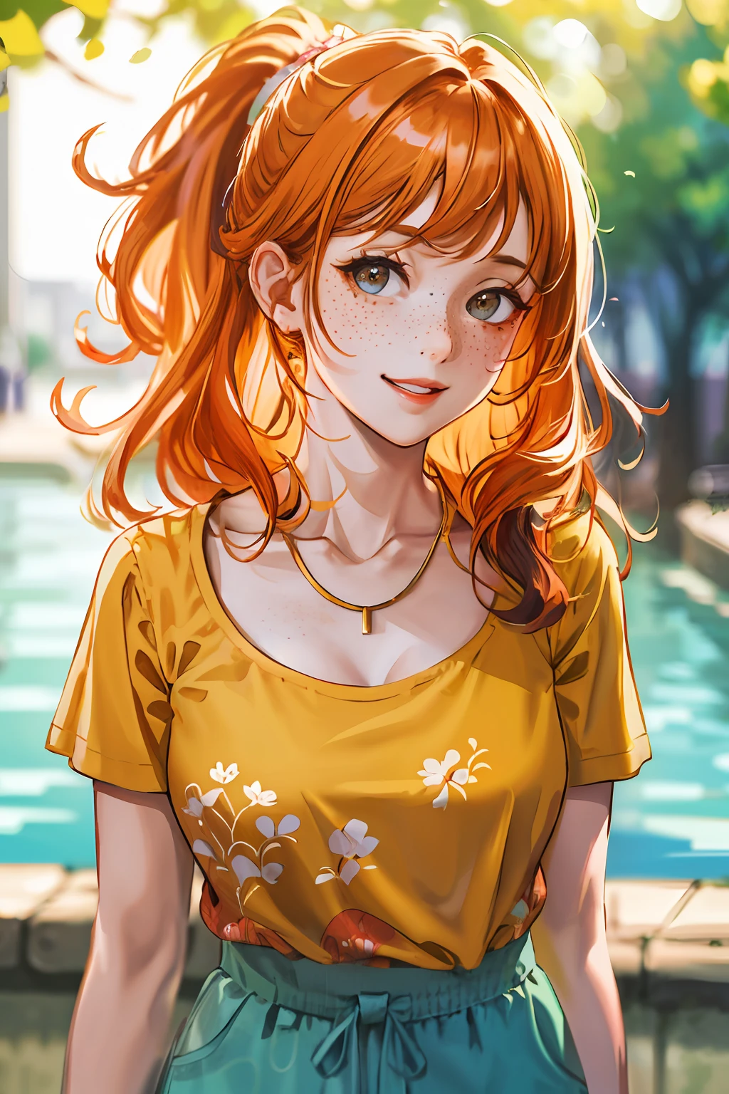 (highres, best quality:1.2), radiance, soft contours, beautiful drawing, (masterpiece, best quality), 1girl, collarbone, wavy hair, looking at viewer, blurry foreground, upper body, necklace, contemporary, plain pants, ((intricate, print, pattern)), ponytail, freckles, orange hair, dappled sunlight, smile, happy, cherry