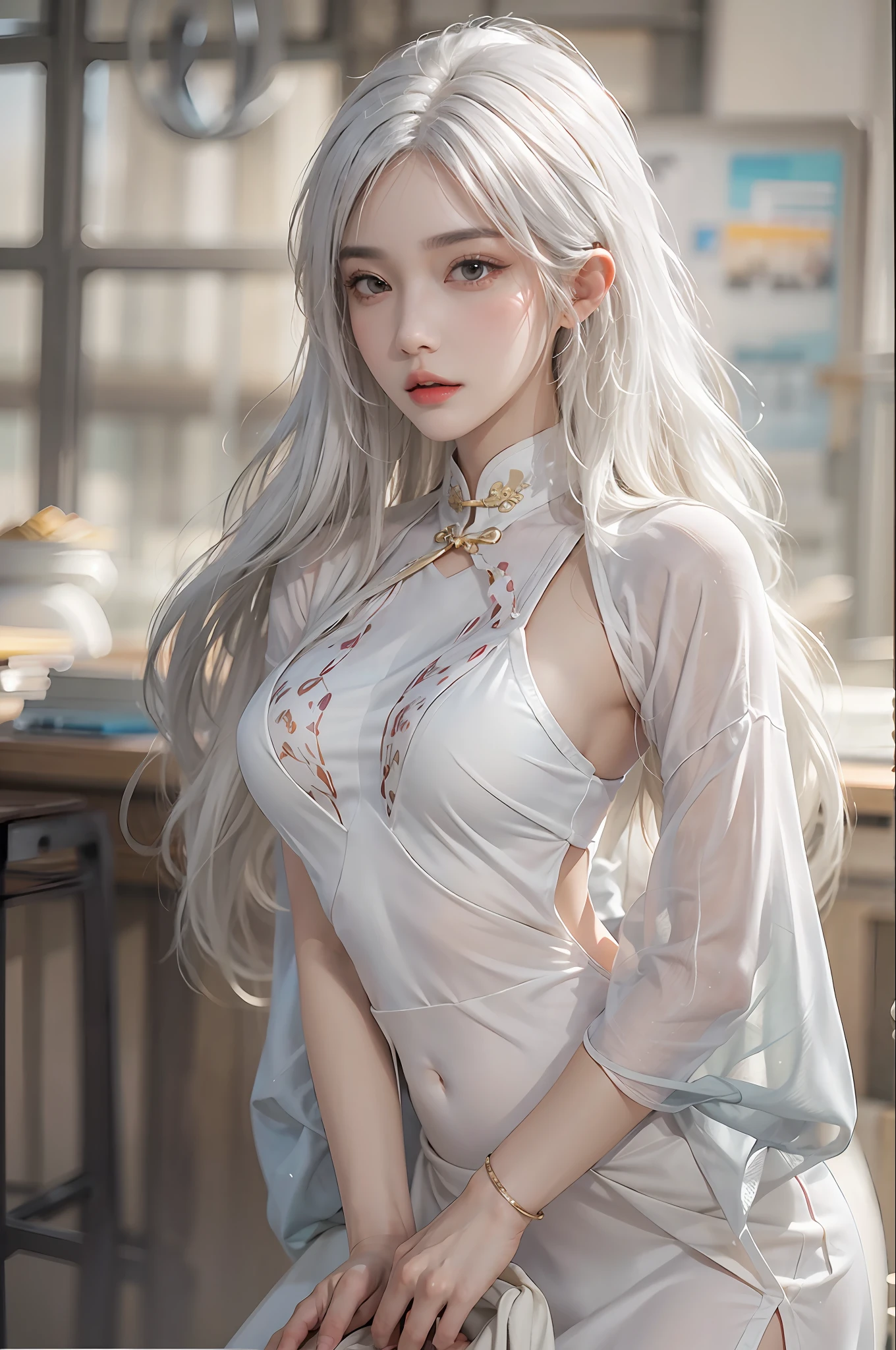 photorealistic, high resolution, 1 women, solo, hips up, look at viewer, (detailed face), white hair, long hair, medium breasts, cheongsam