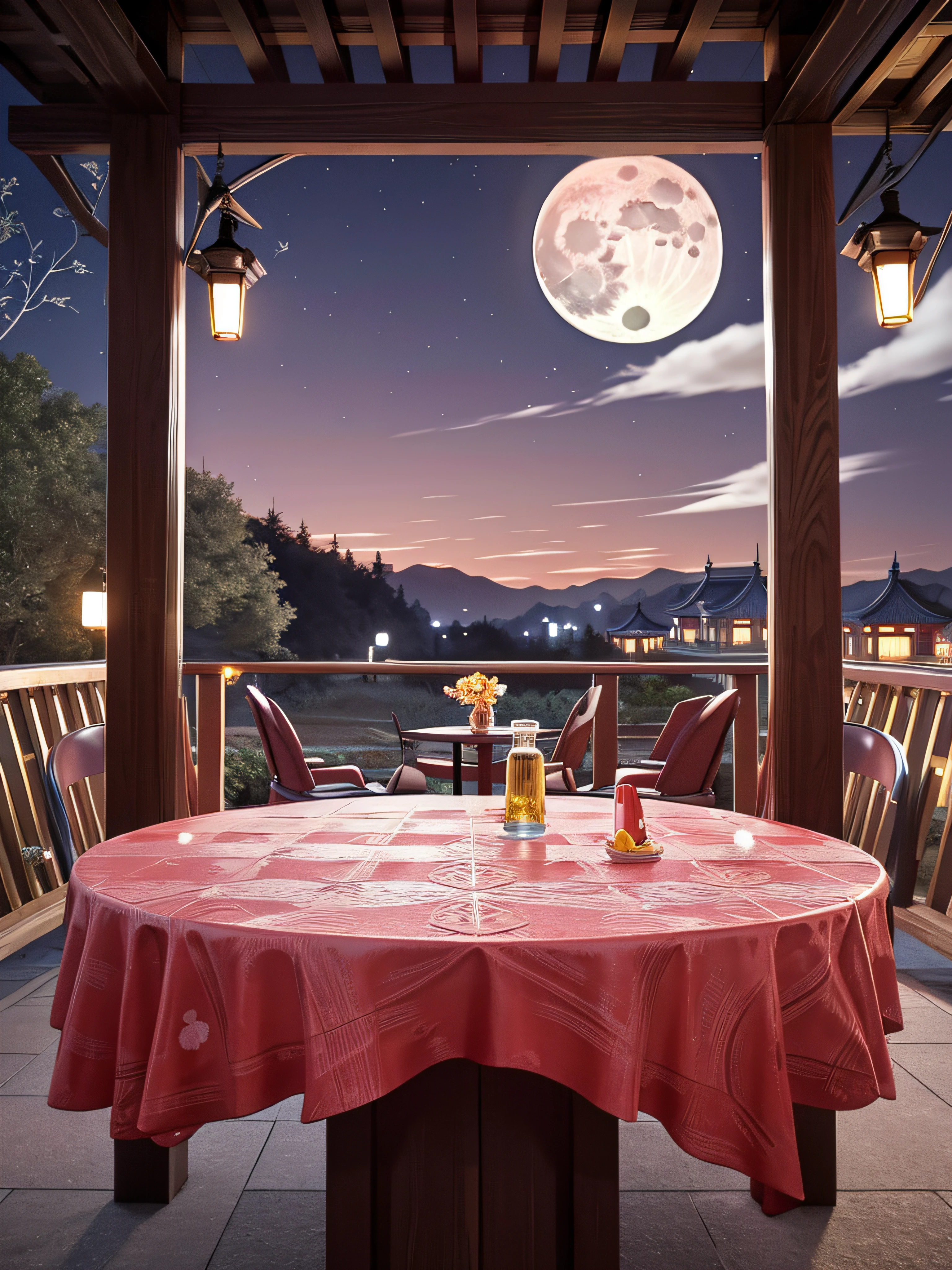 the night,a moon,Skysky,lands,observatory,A few people were watching the moon by the fence,An empty table,fences,China-style