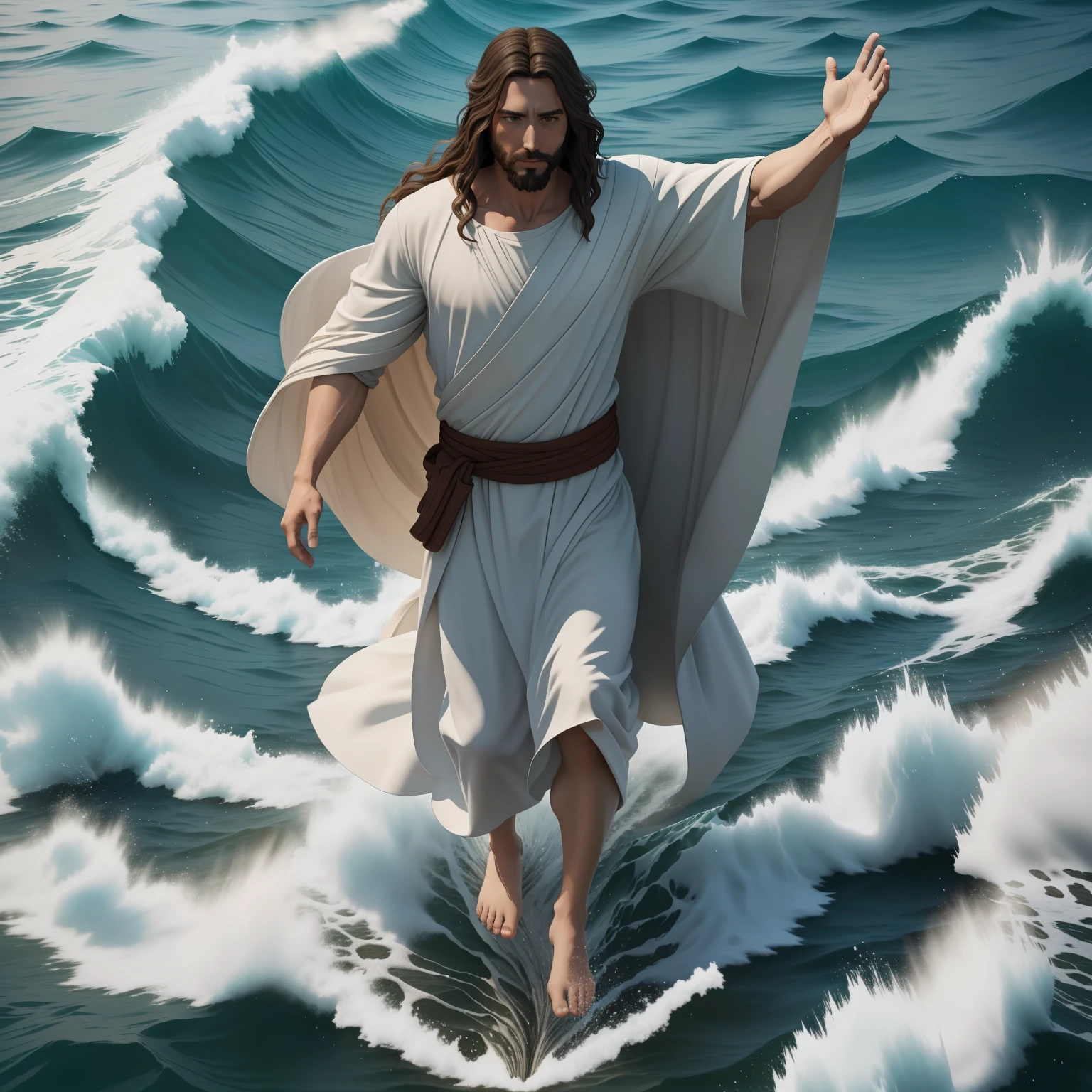 Jesus walking on water with a flying cloud in the background, Jesus walking on water, biblical illustration, epic biblical representation, forcing him to flee, coming out of the ocean, ! holding in hand!, disembarking, god of the ocean, beautiful representation, 8k 3D Model, realistic