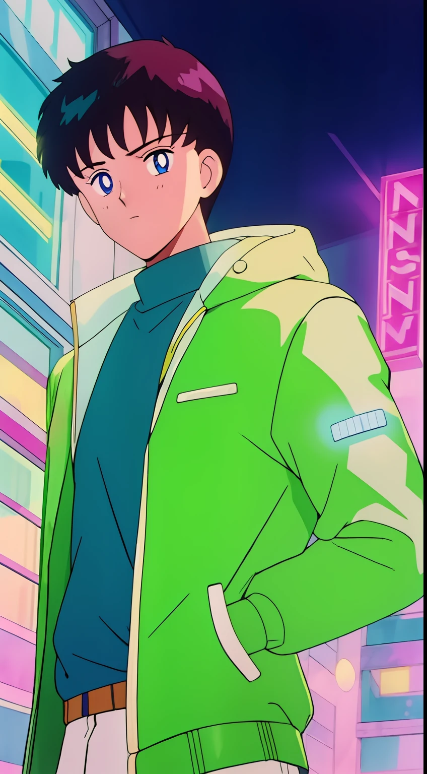 1boy，jaket，city neon light，starrysky