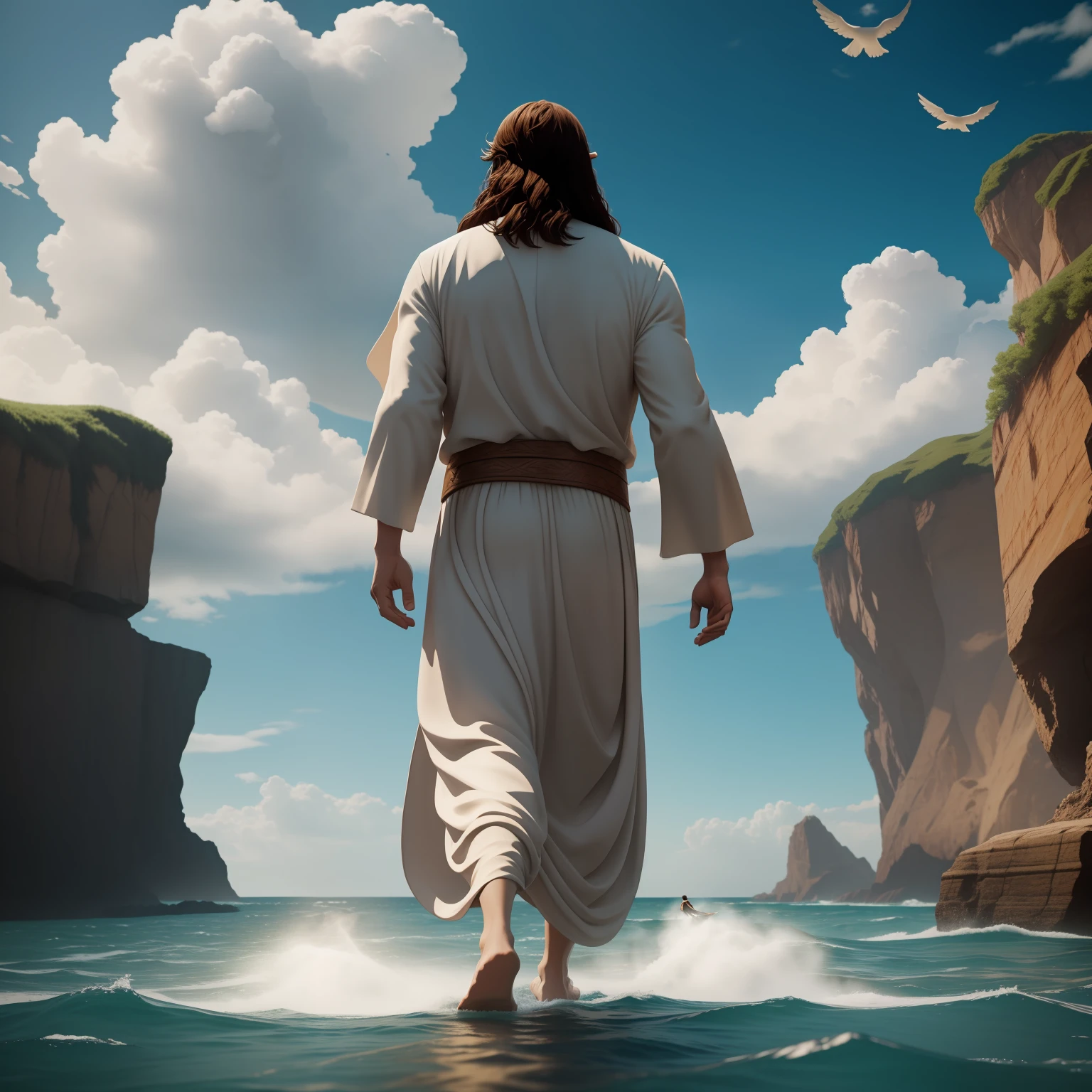 Jesus walking on water with a flying cloud in the background, Jesus walking on water, biblical illustration, epic biblical representation, forcing him to flee, coming out of the ocean, ! holding in hand!, disembarking, god of the ocean, beautiful representation, 8k 3D Model, realistic