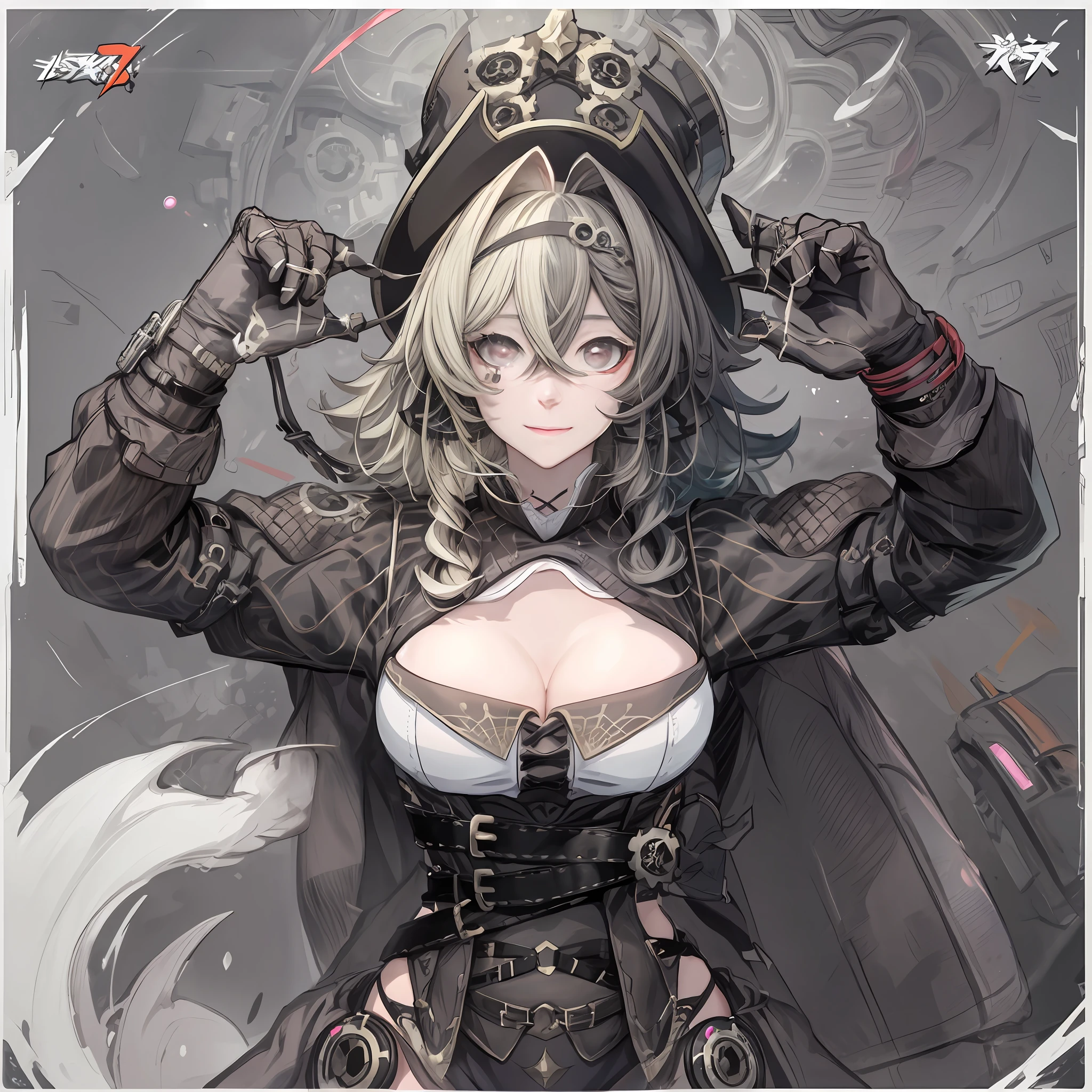 evil, Dilated Pupils, (evil smile:1.2), mad, Satan's disciples, anime style, Surrealism, cowboy shot, 8k, ultra-detail, 巨作, (1girl), Top hat, And you are in(Honkai Impact 3), Full body, Hand on cheek, Hands Details, (Factory background)