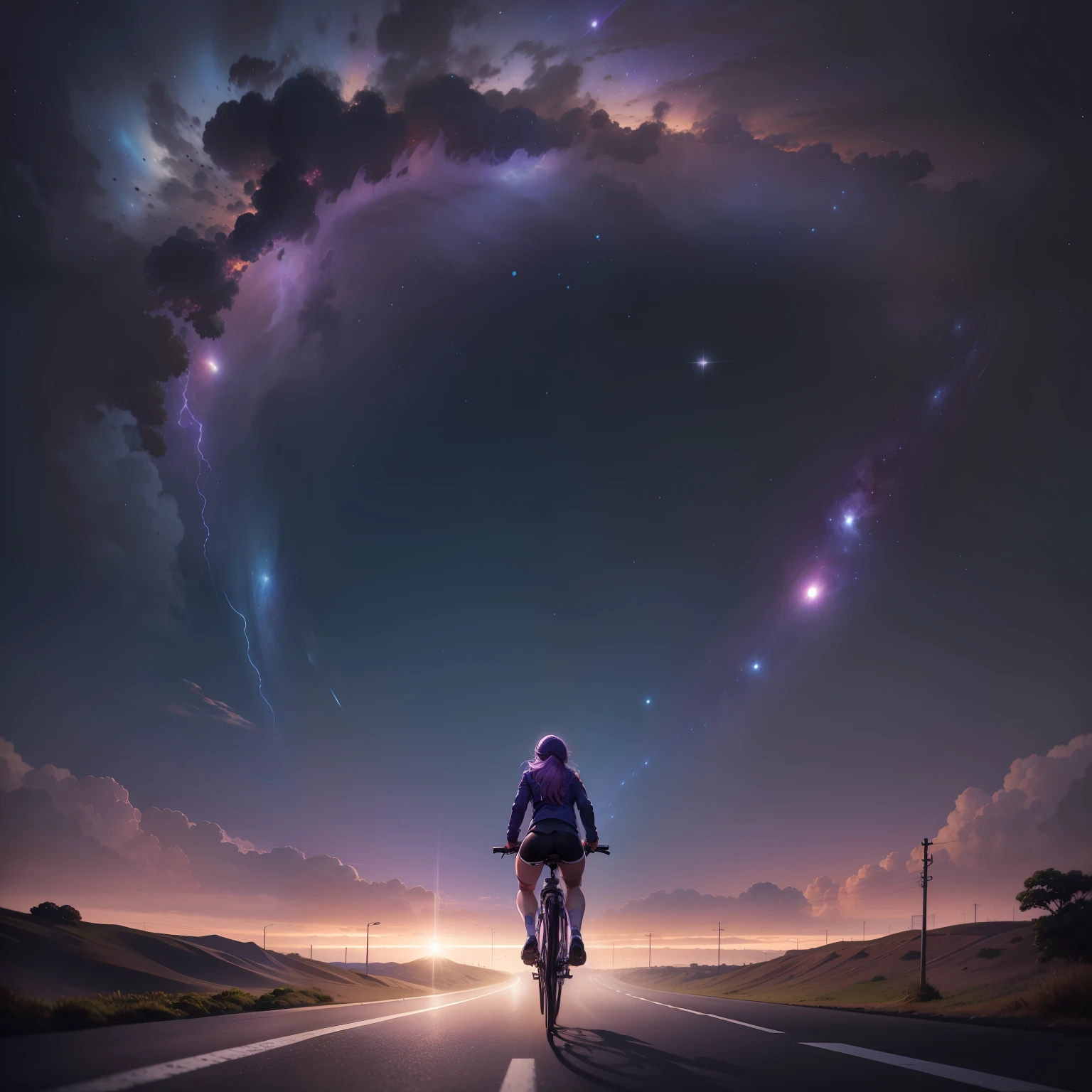 Uma pessoa andando em uma bicicleta em uma estrada de trem, Vision from afar, distance, cosmic sky, cena de anime, tema de anime, Contractions, tons de roxo, tons de azul, noite, grama alta, papel de parede anime 8k,