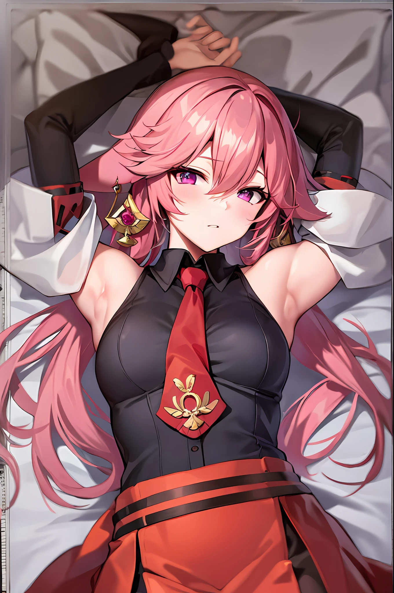 1yae miko, black shirt,pink hair,red necktie, lying,on back,bed,arms up,military uniform,small breasts, pencil skirt,masterpiece, highres, best quality