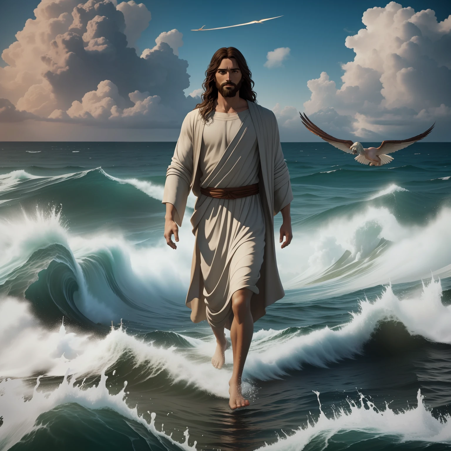 Jesus walking on water with a flying cloud in the background, Jesus walking on water, biblical illustration, epic biblical representation, forcing him to flee, coming out of the ocean, ! holding in hand!, disembarking, god of the ocean, beautiful representation, 8k 3D Model, realistic