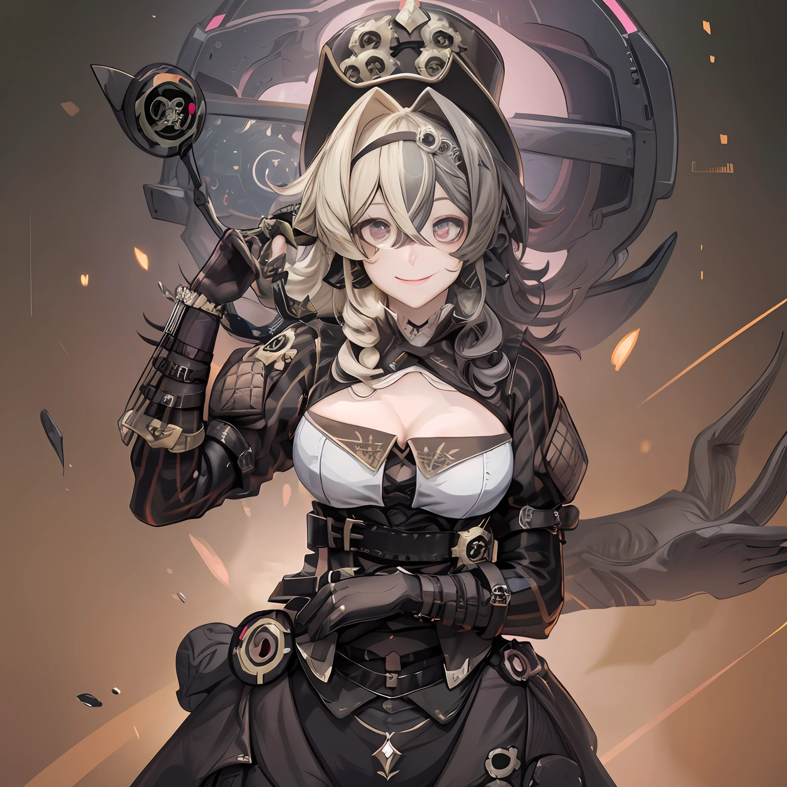 evil, Dilated Pupils, (evil smile:1.2), mad, Satan's disciples, anime style, Surrealism, cowboy shot, 8k, ultra-detail, 巨作, (1girl), Top hat, And you are in(Honkai Impact 3), Full body, Hand on cheek, details hands, factory background