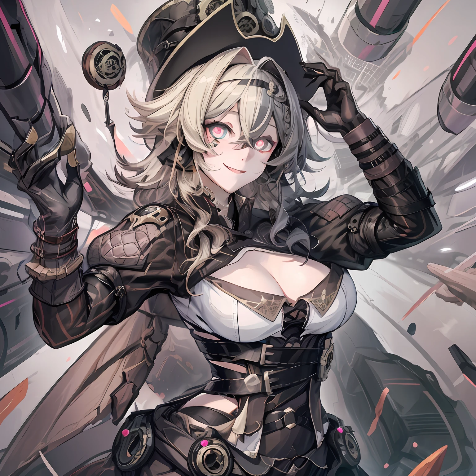 evil, Dilated Pupils, (evil smile:1.2), mad, Satan's disciples, anime style, Surrealism, cowboy shot, 8k, ultra-detail, 巨作, (1girl), Top hat, And you are in(Honkai Impact 3), Full body, Hand on cheek, Hands Details,