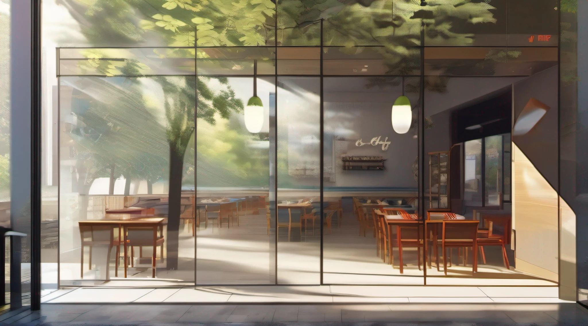 Sunny morning,The entrance of the café is projected into the interior through glass,Reflecting the figure of Yang Qing and the man