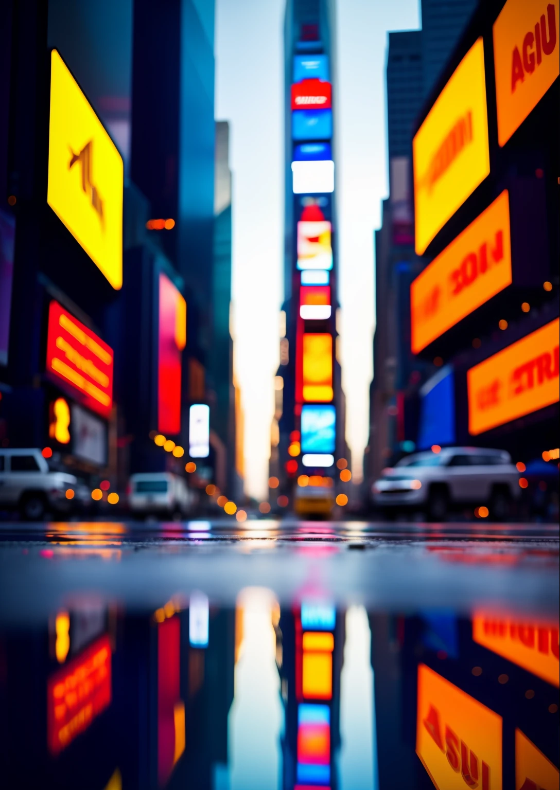 Times Square, reflection on the ground, Morning light, sol, amazing fine details, film photography Nikon D850 Kodak Portra 400 camera f1.6 lente, cores claras, textura realista, ambiente urbano, highrise, neon signs, trending on ArtStation, cinestill 800 tungsten, foto do ano,