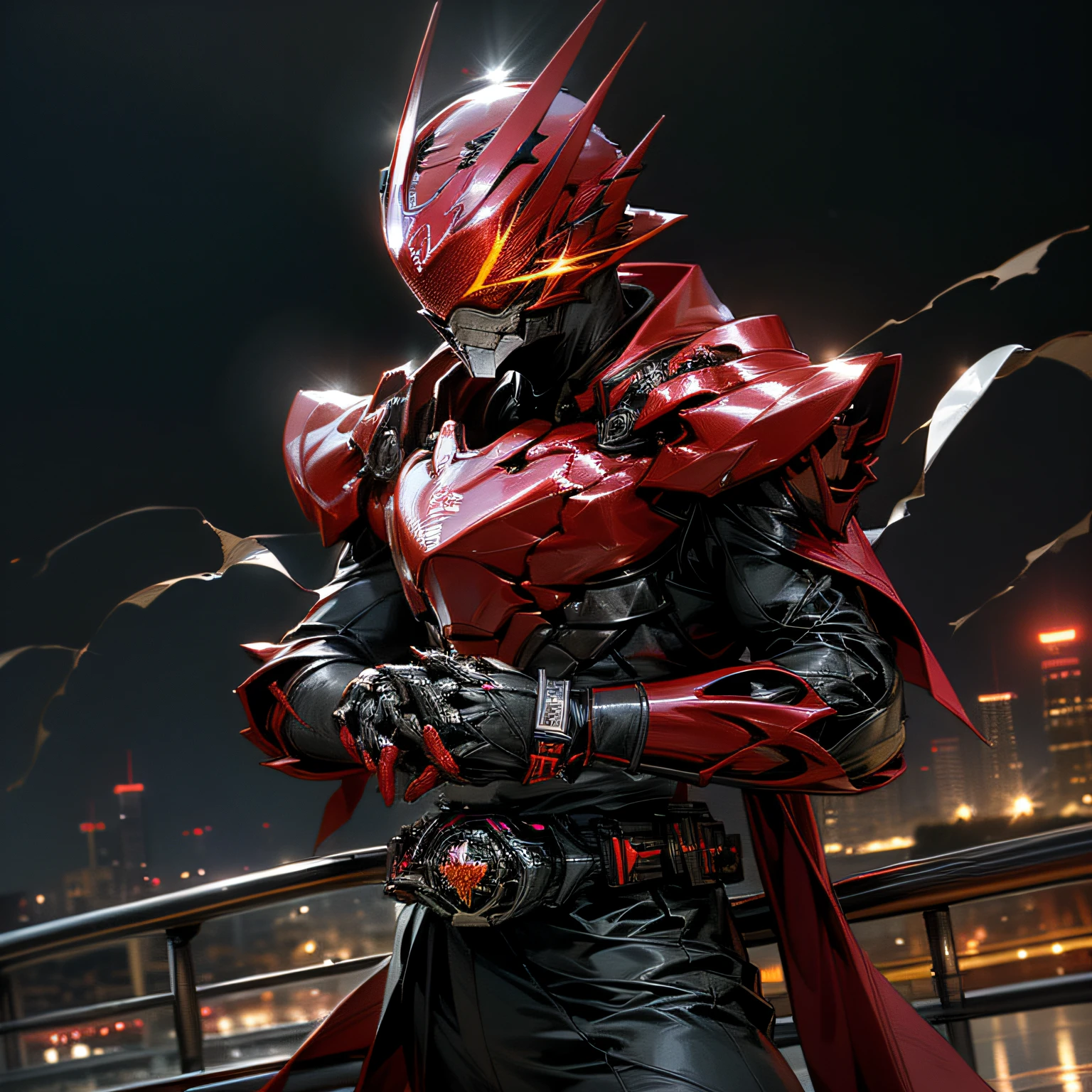 (8K、RAW、proffesional、top-quality)、(realisitic、Photorealsitic:1.2)、(Highest Detail Face:1.2)、Front lighting、A dark shadow threatened the city。Kamen Rider Scarlet_sun。Metallic body with white silver shining on deep red、Wearing a transformation belt、Burning with a Righteous Heart, He follows the minions of evil々Defeat。The battle rages、The Last Enemy Appears。Special Move(Crimson Smash)で、Kamen Rider illuminates the darkness。