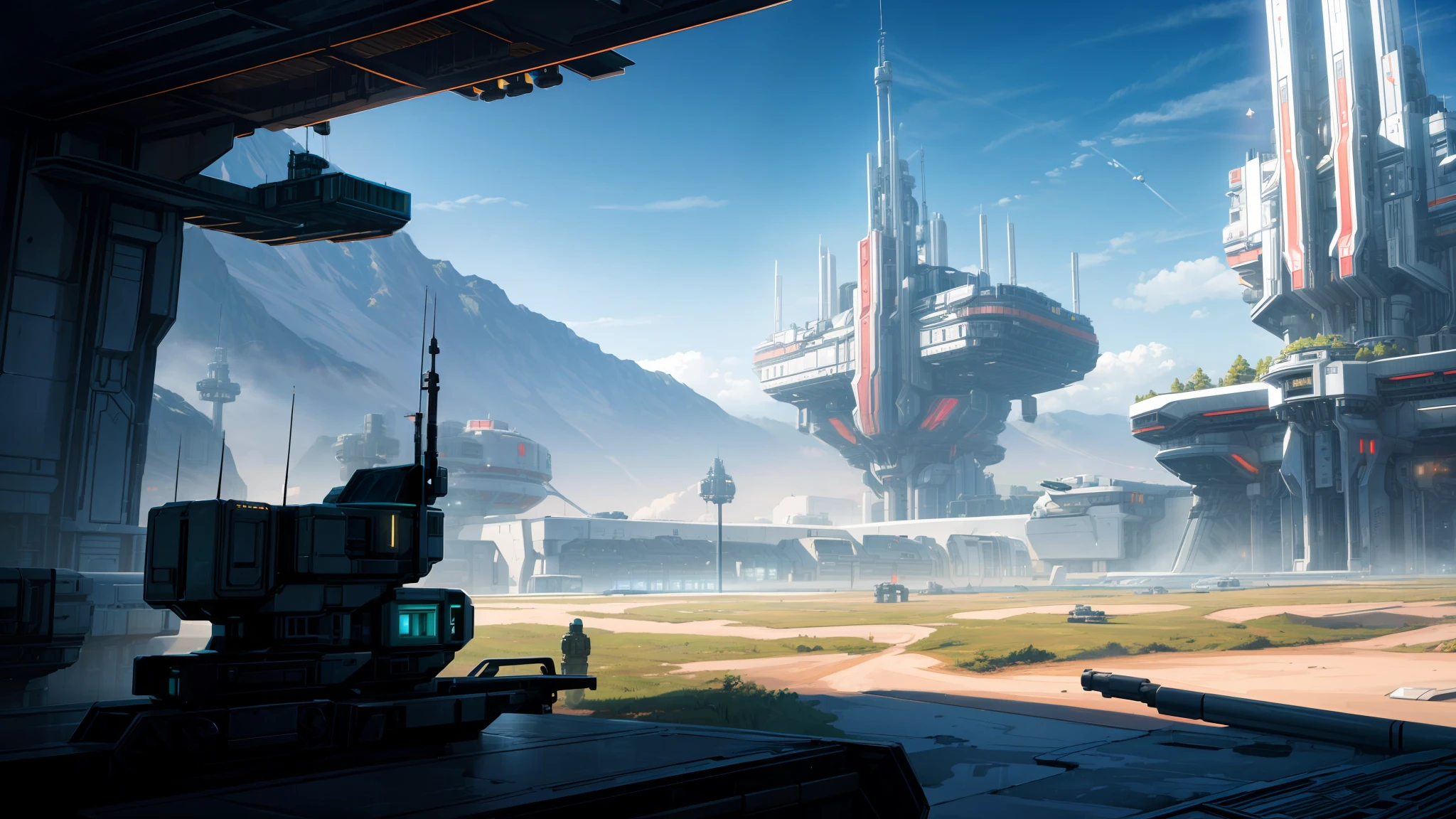 (masterpiece, high definition, 8k, extreme detail, complex scenery), futuristic military base in the forest, several bomber spaceships docked, soldiers getting ready for a mission, sci-fi, futuristic, lancer rpg