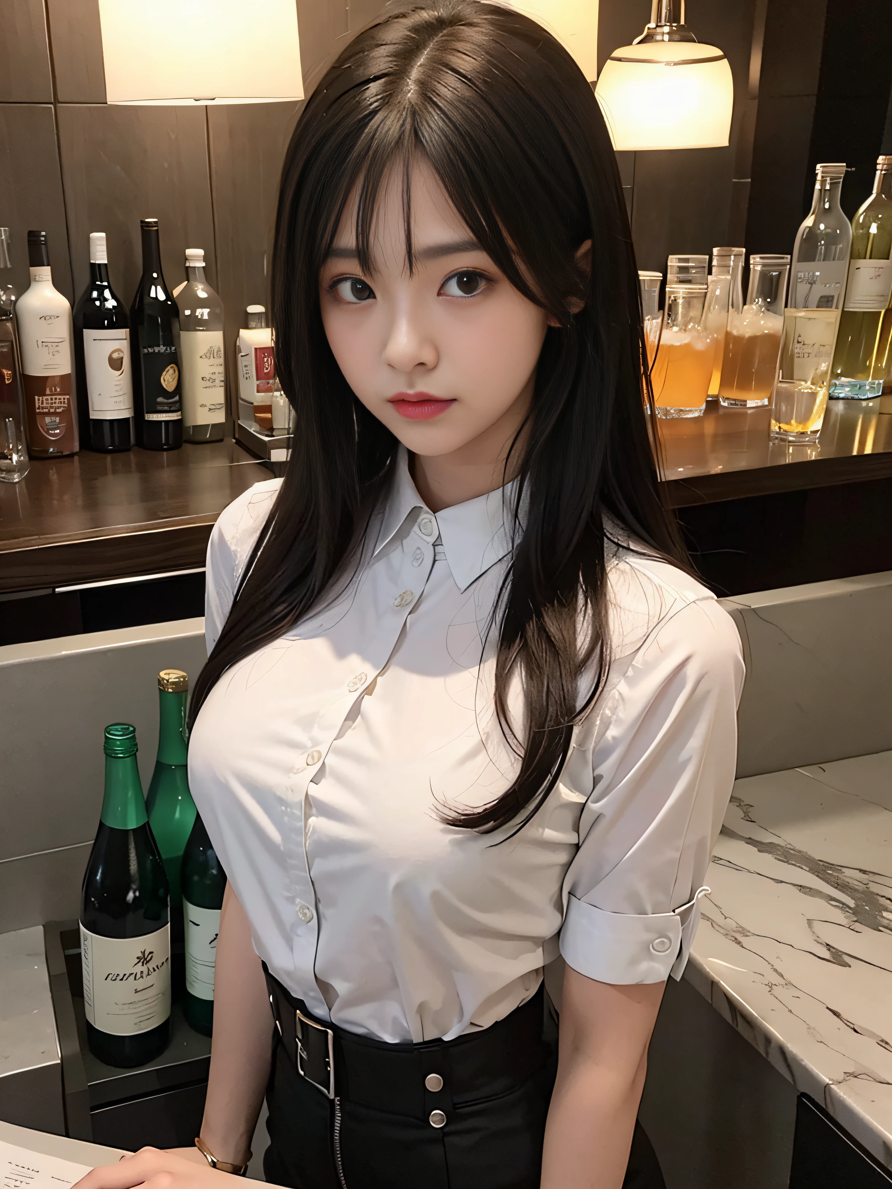 1women, solo, from above, extreme wide shot, Standard lens, in bar, Various colored bottles lined up on the counter, indirect lighting, bottles, Lounges, dark bars, Cocktail, bar counter, luster, Retro fashions, BREAK sidelighting, wallpaper, black hair, clothes detailed, shirt hair, brown hair detailed