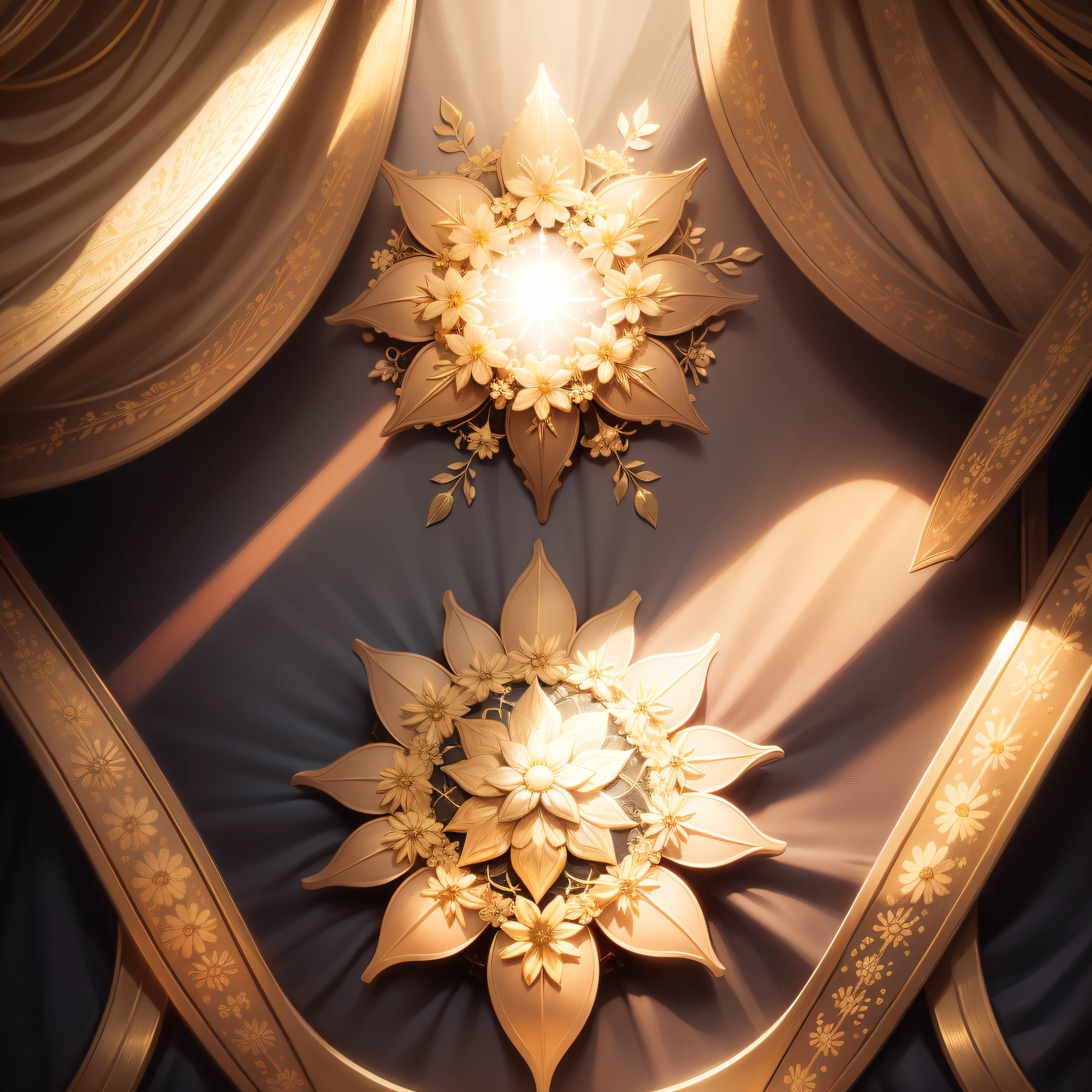 Christian radiance with golden details, front view, symmetrical, floral details, celestial background.