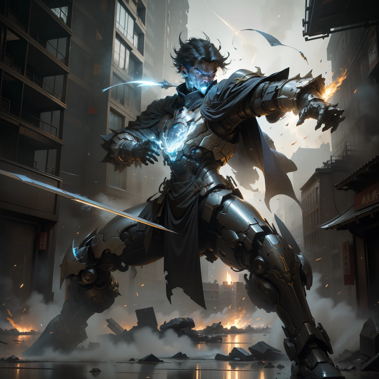 best qualtiy,8K masterpiece,Surreal mech,Late night city street view,Dynamic fighting stance,Street fires,Blue-white body,Ancient Chinese armor,masculine features,Local injury,Hold the dagger in both hands,Cloak fly、Fire scene,Mech damage,wounded,Buildings、