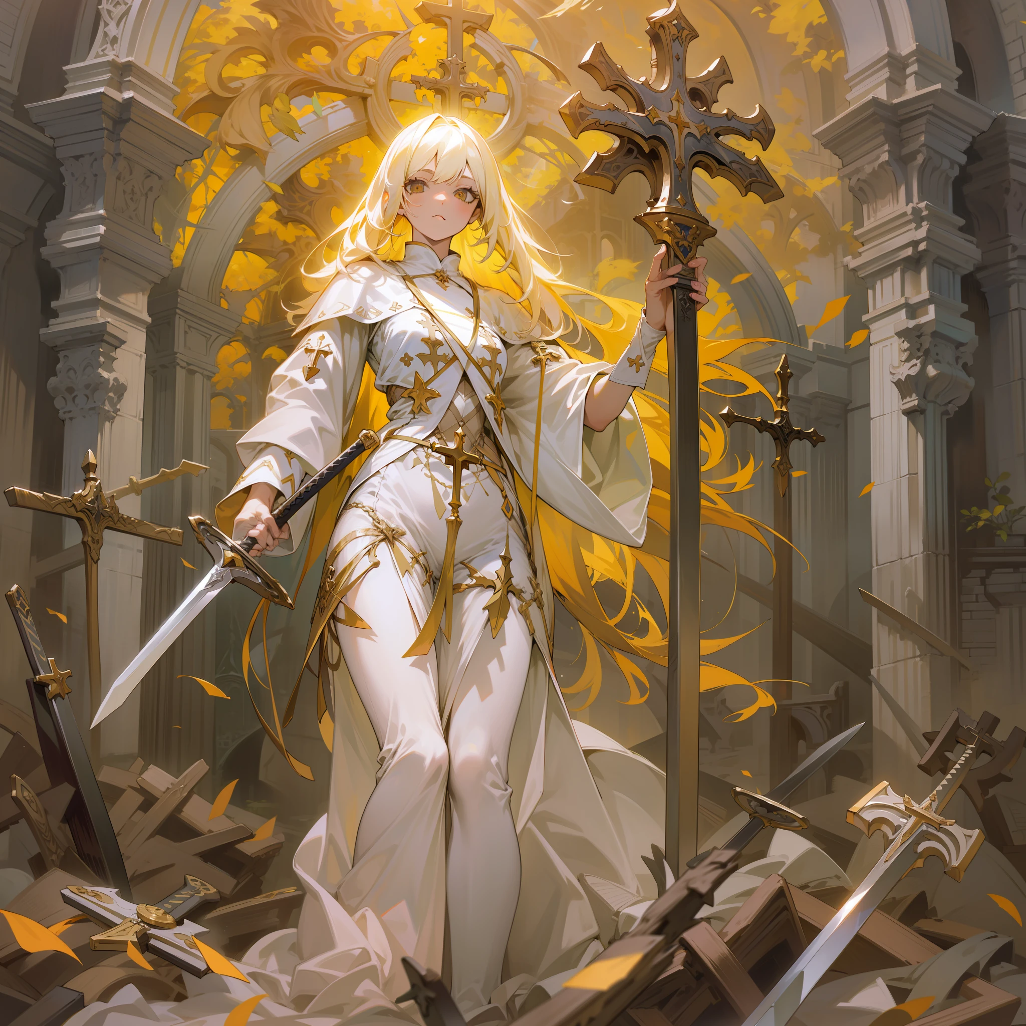 tmasterpiece，A high resolution，best qualtiy，1girll，saintess，Behind it is the church，perfect body figure，Yellow hair，White clothes，Behind it are knives and swords，Holding the cross in his hand