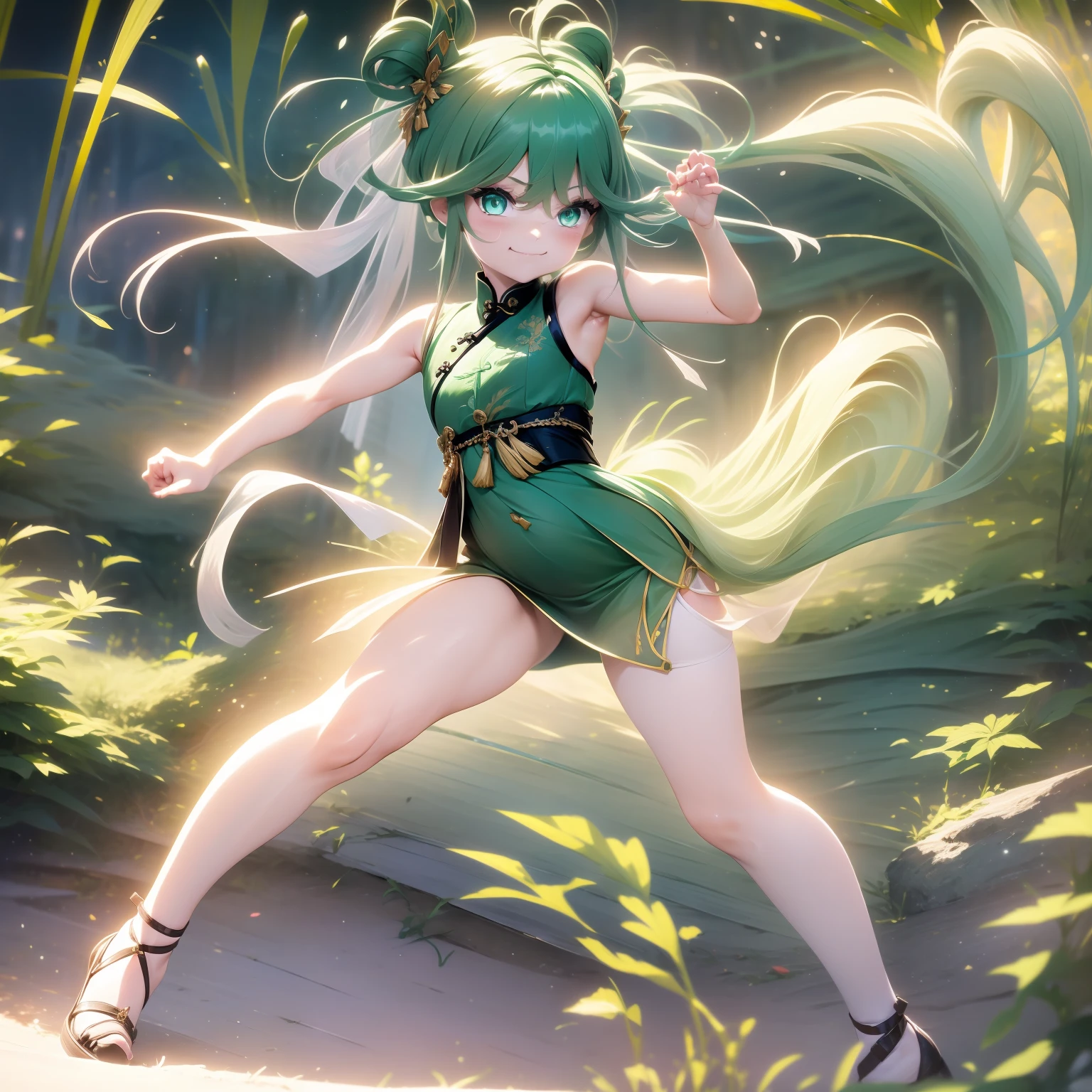 , attacking Style, holding fan, In place dragon Statue, little smile expression, wearing a green China short dress, heels, Beautiful eyes, perfect face, full body, masterpiece