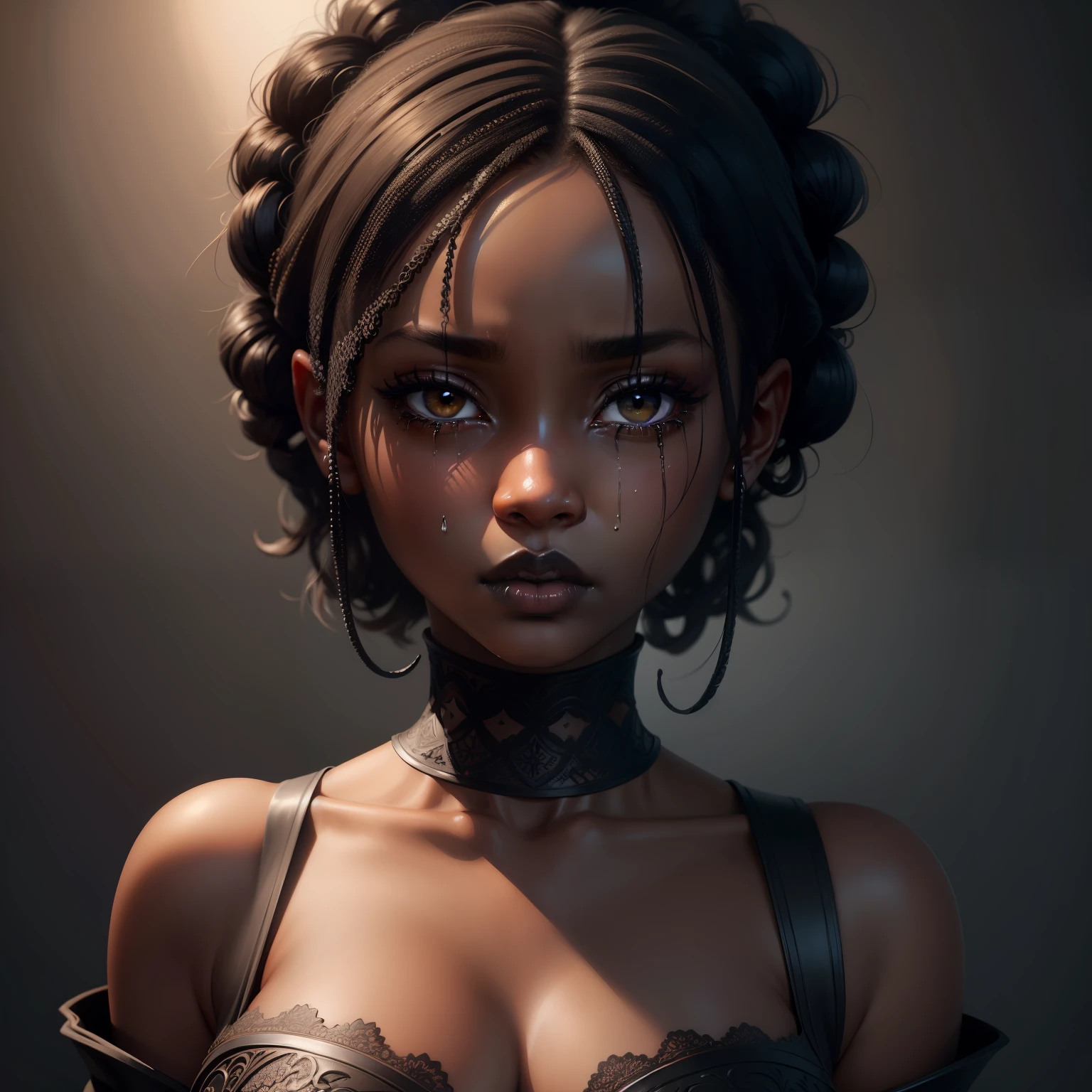 best quality, ultra-detailed, masterpiece,finely detail, high res, 8k wallpaper, best quality, highres, 1girl,ebony girl,innocent face,sad eyes,black eyes,mouth open,black lipstick,crying,exquisite detail,