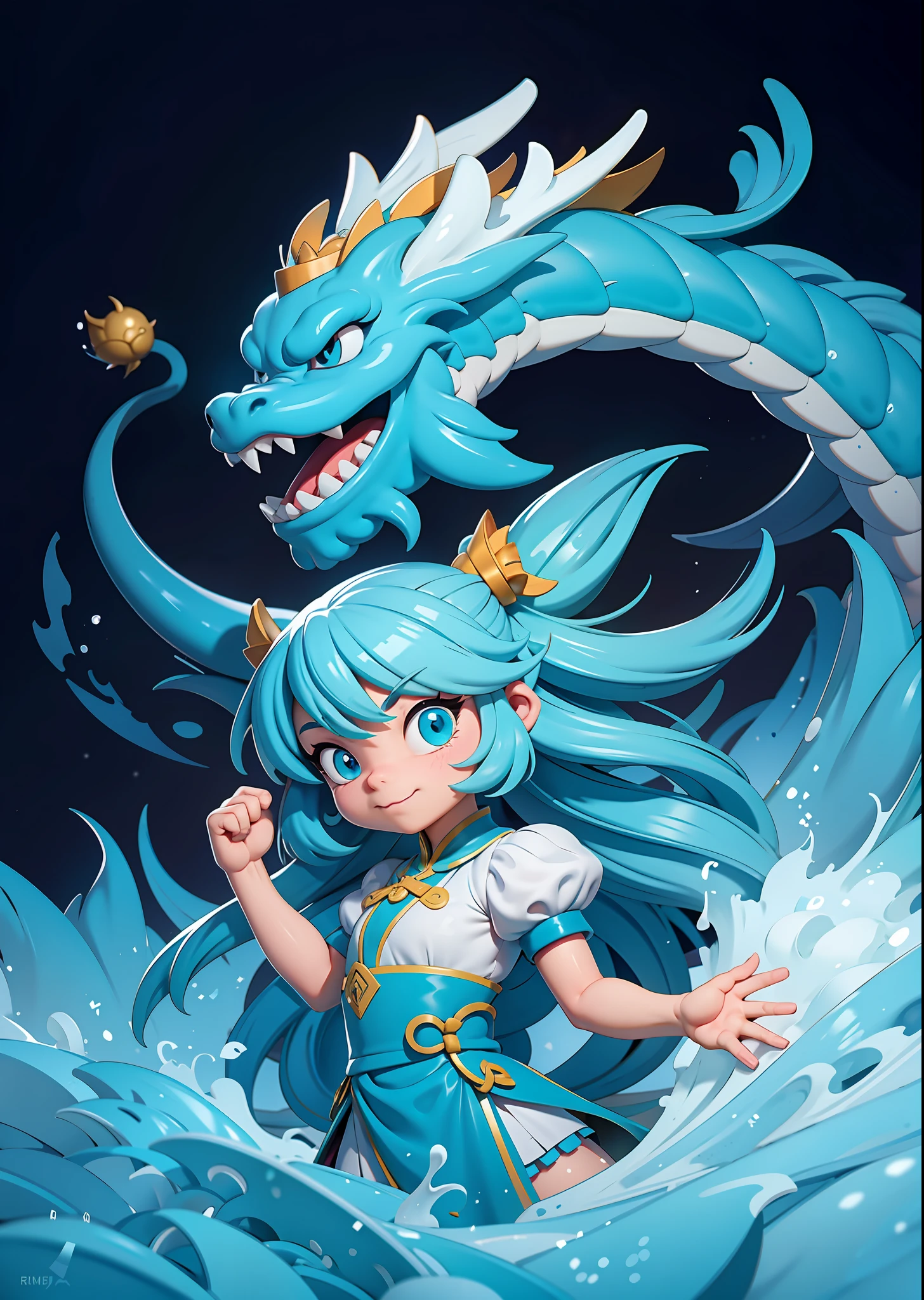 (((A Chinese dragon))),cyan colors|white colors,((A cute girl)),baiyun,cartoonish style,((Complicated details)),hdr,((Complicated details,ultra - detailed)),Epic composition,Realistic lighting,high definition detail,tmasterpiece,Best quality,(非常详细的 CG 统一 8k 壁纸),Medium perspective
