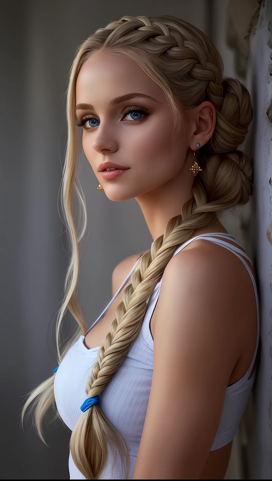 mulher argada com cabelos longos e um top branco posando para uma foto, blonde braids and blue eyes, menina modelo bonita, modelo bonito da menina, lindo modelo jovem, penteado pigtails, menina jovem bonita, rabo de porco longo, modelo bonito, menina muito bonita, modelo muito bonito, menina loira bonita, Taran Dasha, girl with plaits, peitinhos grandes, seios grandes.