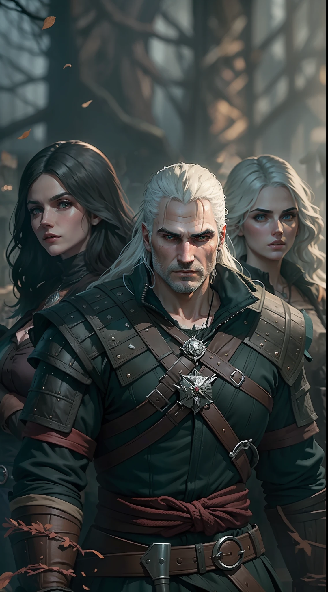 The Witcher Geralt de Rivia , Ciri , and Yennefer, 35mm lens, ultra details, precise texture details HDR, UHD,16K,