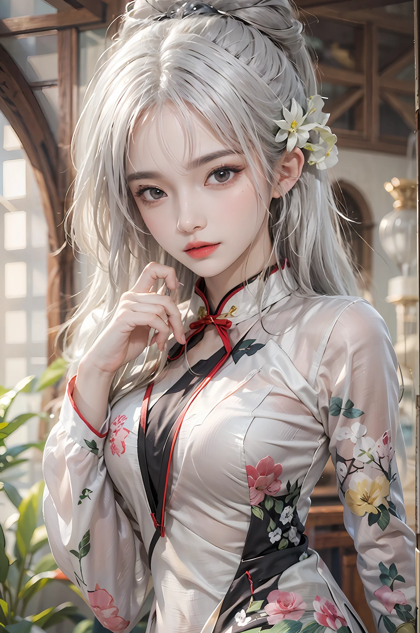 photorealistic, high resolution, 1 women, solo, hips up, look at viewer, (detailed face), white hair, long hair, medium breasts, cheongsam
