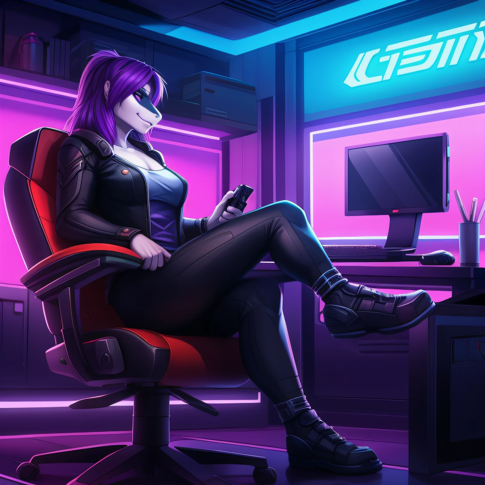 Female black Allosaurus with purple hair sitting on a gaming chair next to a computer, на мониторе игра Path of Titans, neon lighting, Very cool