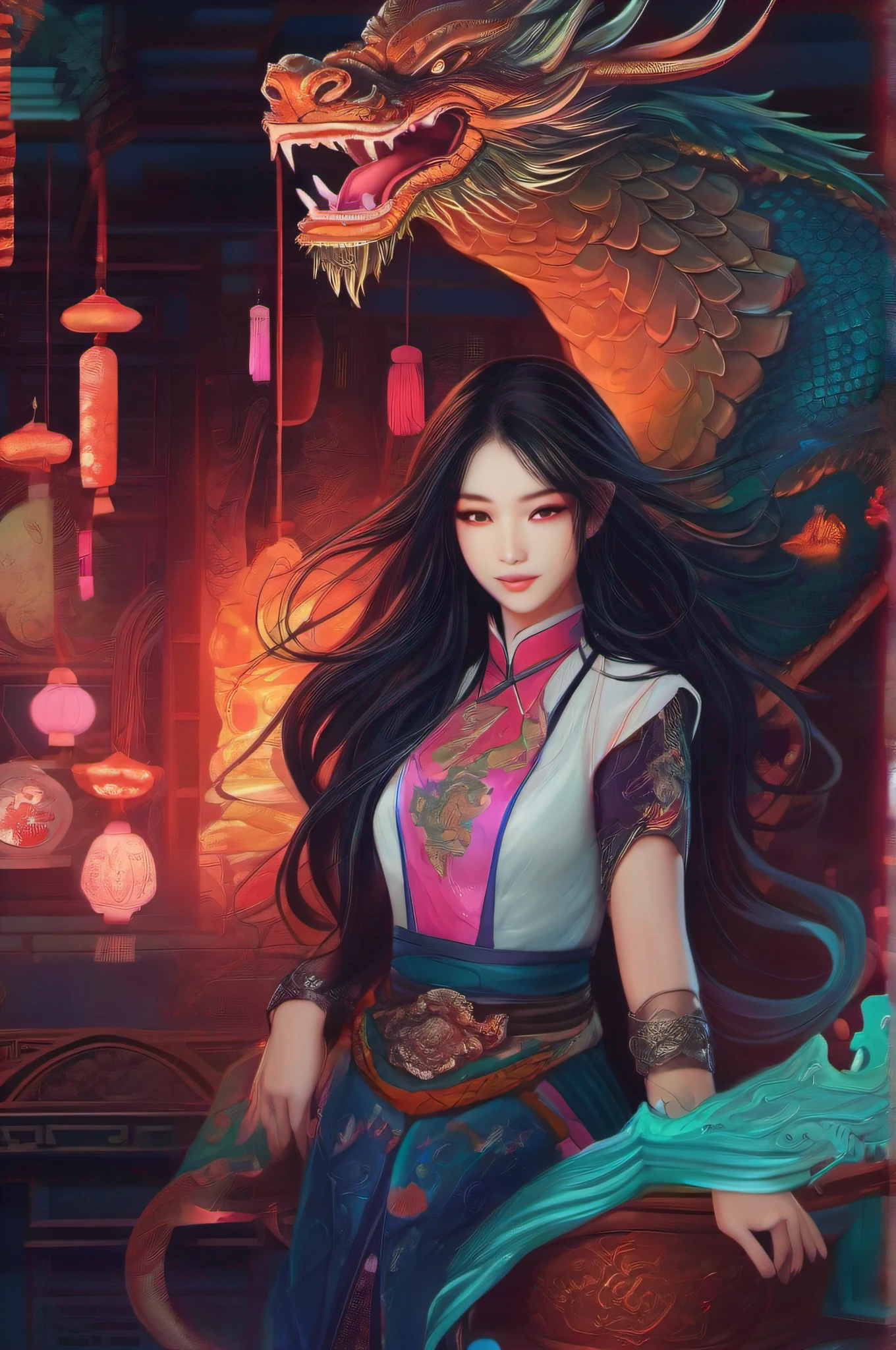A woman stands next to a dragon, Chinese girl, long and flowing hair, Dragon in the background,, Hanging ornaments, Chinese fantasy,drak