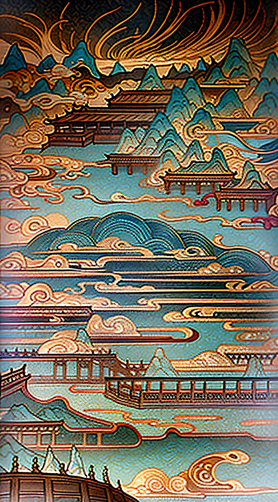 An ancient Chinese painting, ancient Chinese background, mountains, rivers, auspicious clouds, pavilions, sunshine, masterpieces, super detail, epic composition, ultra HD, high quality, extremely detailed, official art, unified 8k wallpaper, Super detail, 32k -- v 6