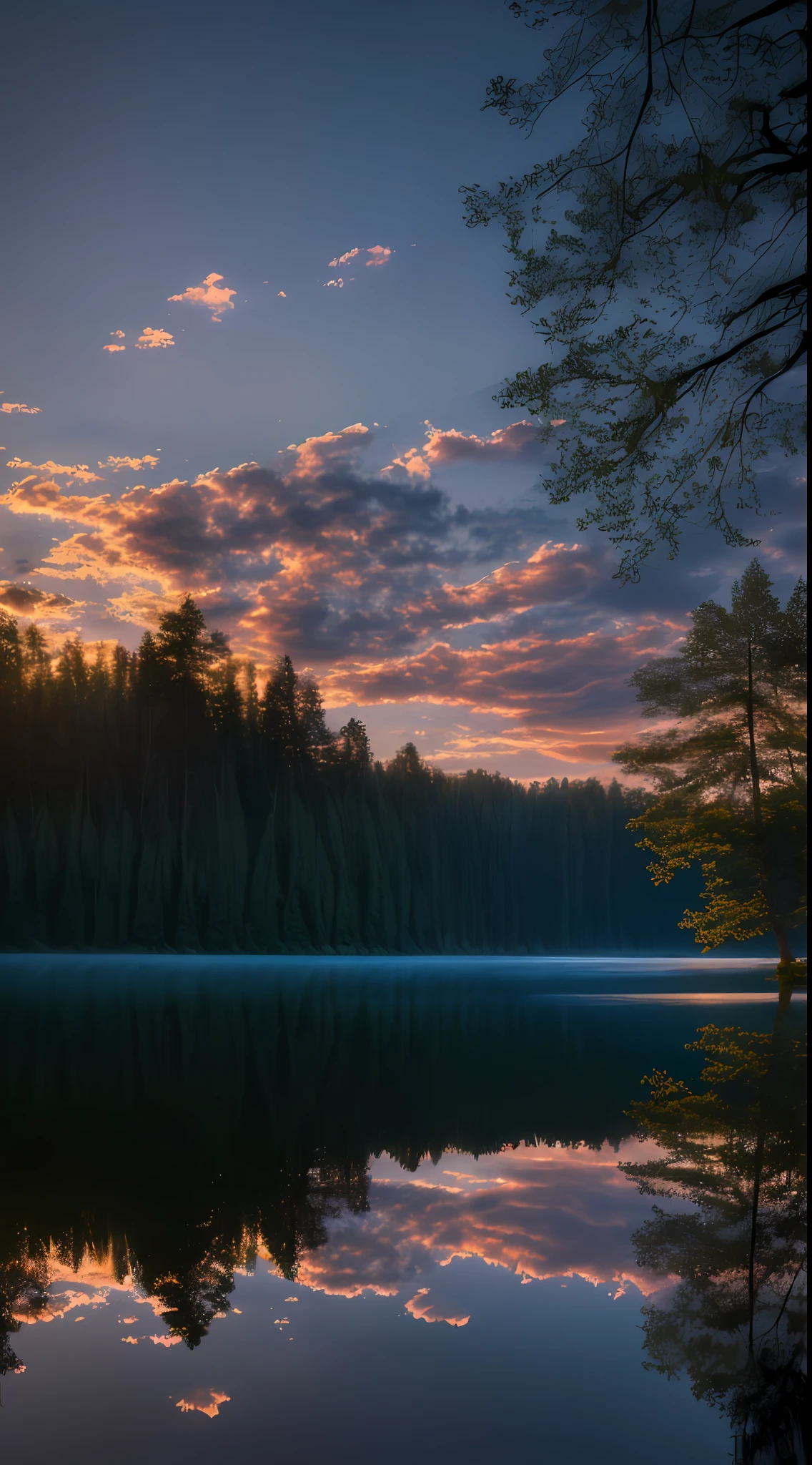 wallpaper, summer, lake, dawn, forest, detailed forest, clouds, masterpiece, cinematic, soft light, depth of field, ray tracing, reflection in water, realism, ulra detailed,