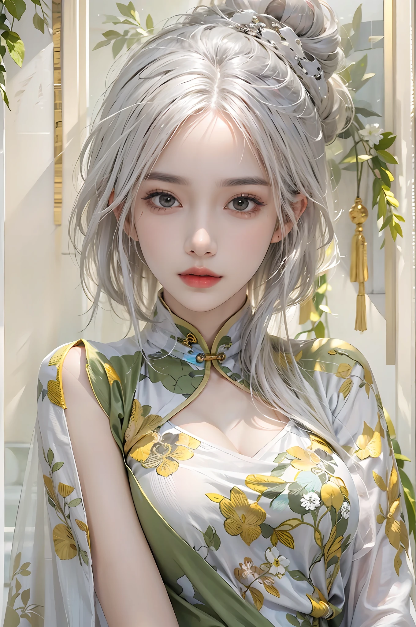 photorealistic, high resolution, 1 women, solo, hips up, look at viewer, (detailed face), white hair, long hair, medium breasts, cheongsam