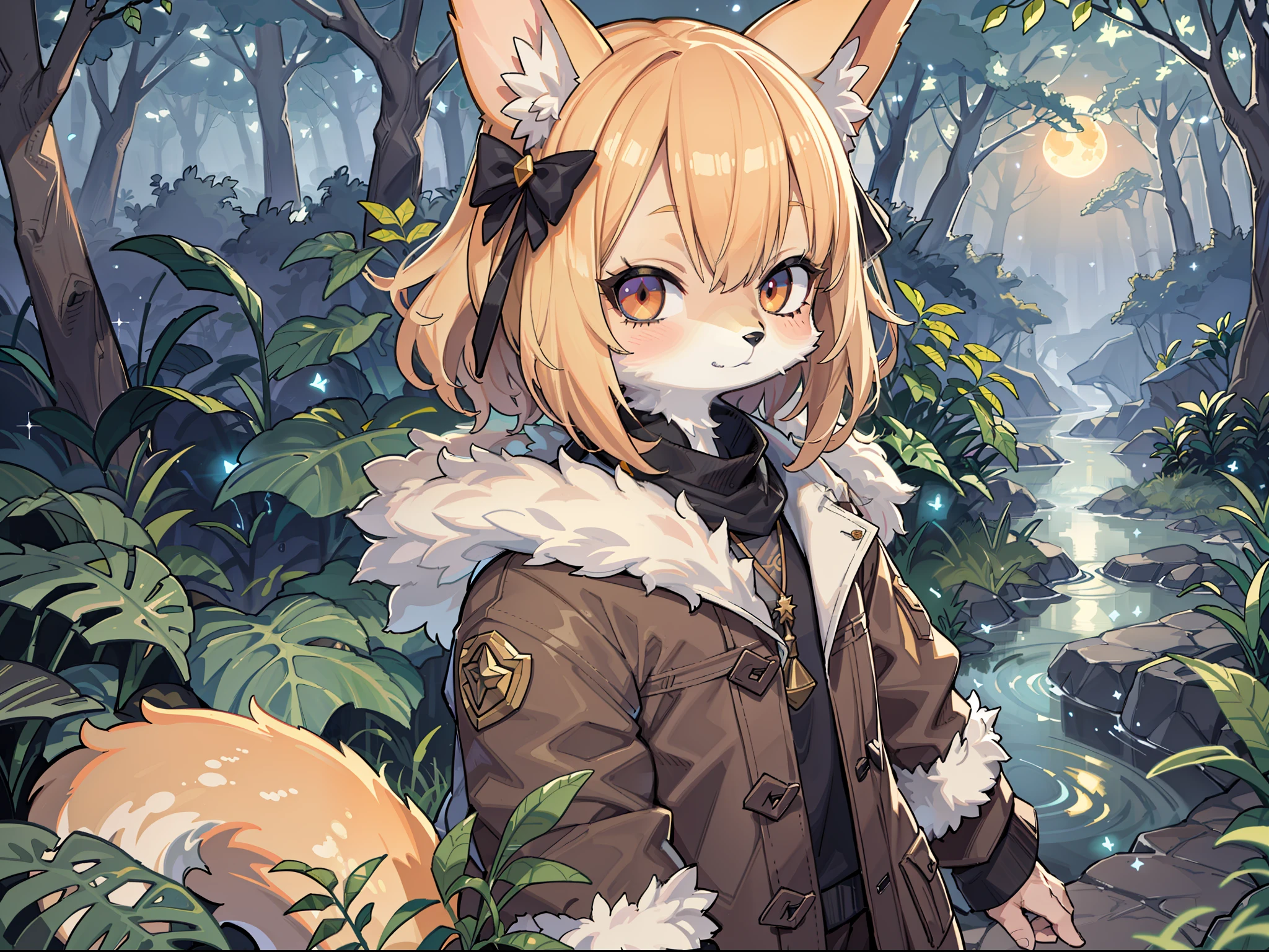Shota the fox,hairy pubic,shaggy,Skin fur,Golden fur,Golden yellow face fur,Short straight blonde hair,Eyes have light,Red eyes,Brown elements on fur,Brown coat brown hood up,Star pattern white top,brown shorts,Beautiful lights and shadows,Ambient light,Ultra-fine fur,volumettic light,natural lightting,fox tails,Fluffy tail,Forest theme with natural elements。Tall trees,quiet streams,Glowing small mushrooms,Surrounded by delicate leaves and branches,There are fireflies and glowing particle effects,(nature elements),(Jungle theme),(foliage),(tree branch),(glowworm),butterflys,(exquisite leaves)、(with light glowing)、(particle effect)。 , isometric 3D, octaneratingrendering, Ray traching, hyper-detailing,lichen,Solo show,Night,starrysky,Vast landscape,crossed bangs, Hairline, Shiny hair, lone nape hair, ,Dilated pupils,Sleepy,(moon full:1.2),(meteors:0.9),(Starcloud:1.3)(Warm light source:1.2),Rained,wetclothes, (overcast sky, Standing downpour:1.1), Extra-long sleeves, Purple and orange,Complicated details,Volumetriclighting,Realist breakthrough(tmasterpiece:1.2)(best qualtiy),4K,Ultra-delicate,(Dynamic configuration:1.4),Highly detailed and colorful details,(Irridescent color :1.2),(luminouslighting,Atmospheric lighting),dream magical,magic,(独奏:1.2)Glowing light , gradient eyes, light blush, smiley,Soak in water
