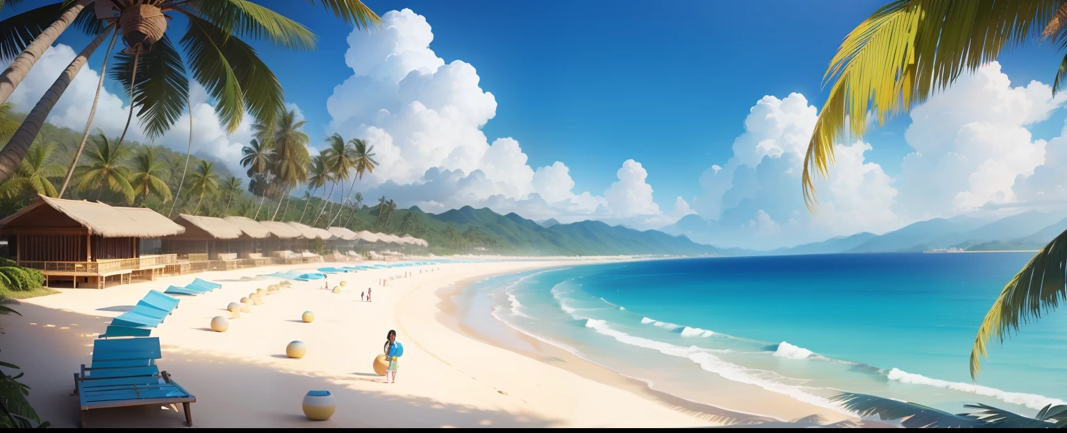 blue-sky，baiyun，Yellow sandy beach，Lots of coconut trees，Holiday，Scenic beauty，Left and right composition，high saturated，blue colors，Beach foreground