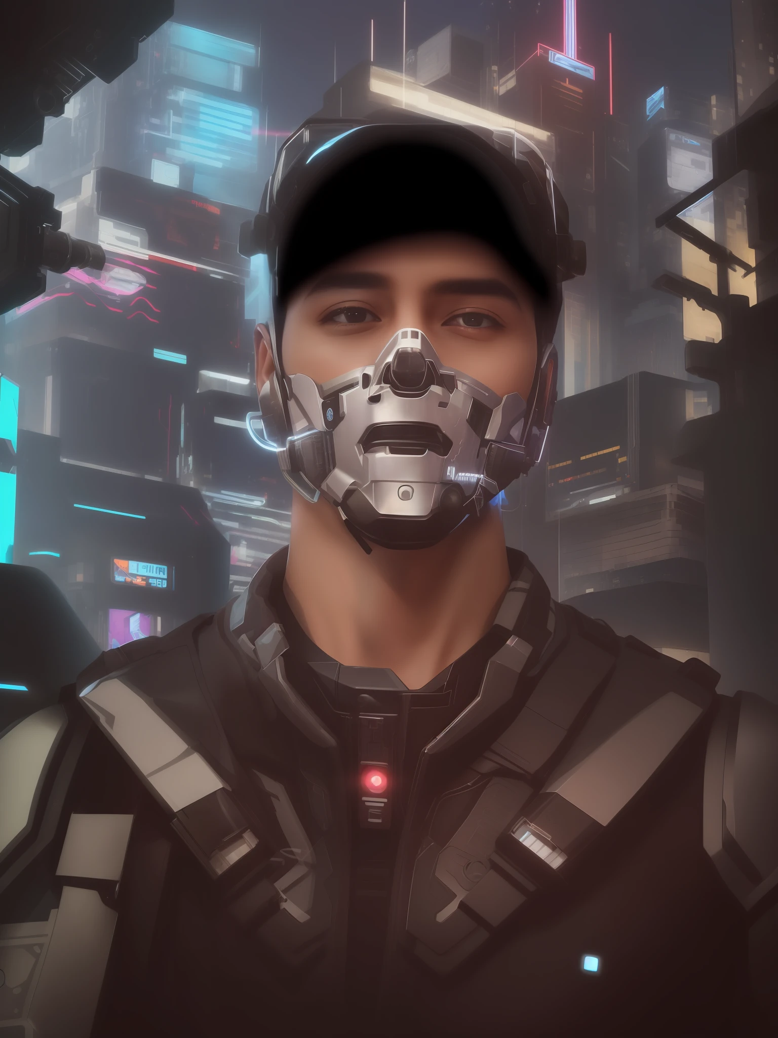 ((Best Quality, 4K, Masterpiece: 1.3)), (Detailed: 1.4), Reality, 1boy, Cybernetic_Jawless, mask, mechanical parts, cybernetic, cyberpunkAI, neon, 4K, HD, Ultra Realistic, extremely detailed, armorsuit, arm robotic, armor Shoulder, arafed man in futuristic city with futuristic helmet and futuristic helmet, hyper-realistic cyberpunk style, portrait of a cyberpunk cyborg, cyberpunk art ultrarealistic 8k, in cyber punk 2077, a teen cyberpunk cyborg, cyberpunk face, dystopian sci-fi character, cyberpunk portrait, portrait of a cyborg, cyberpunk soldier, cyberpunk cyborg, tfft