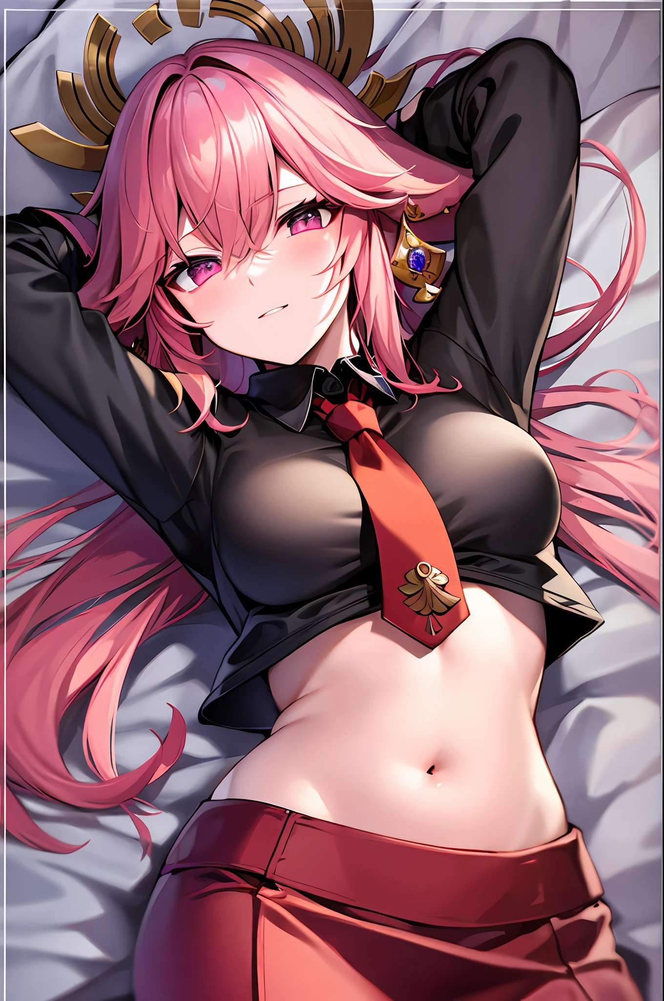 1yae miko, black shirt,pink hair,red necktie, lying,on back,bed,arms up,military uniform,small breasts, pencil skirt,masterpiece, highres, best quality